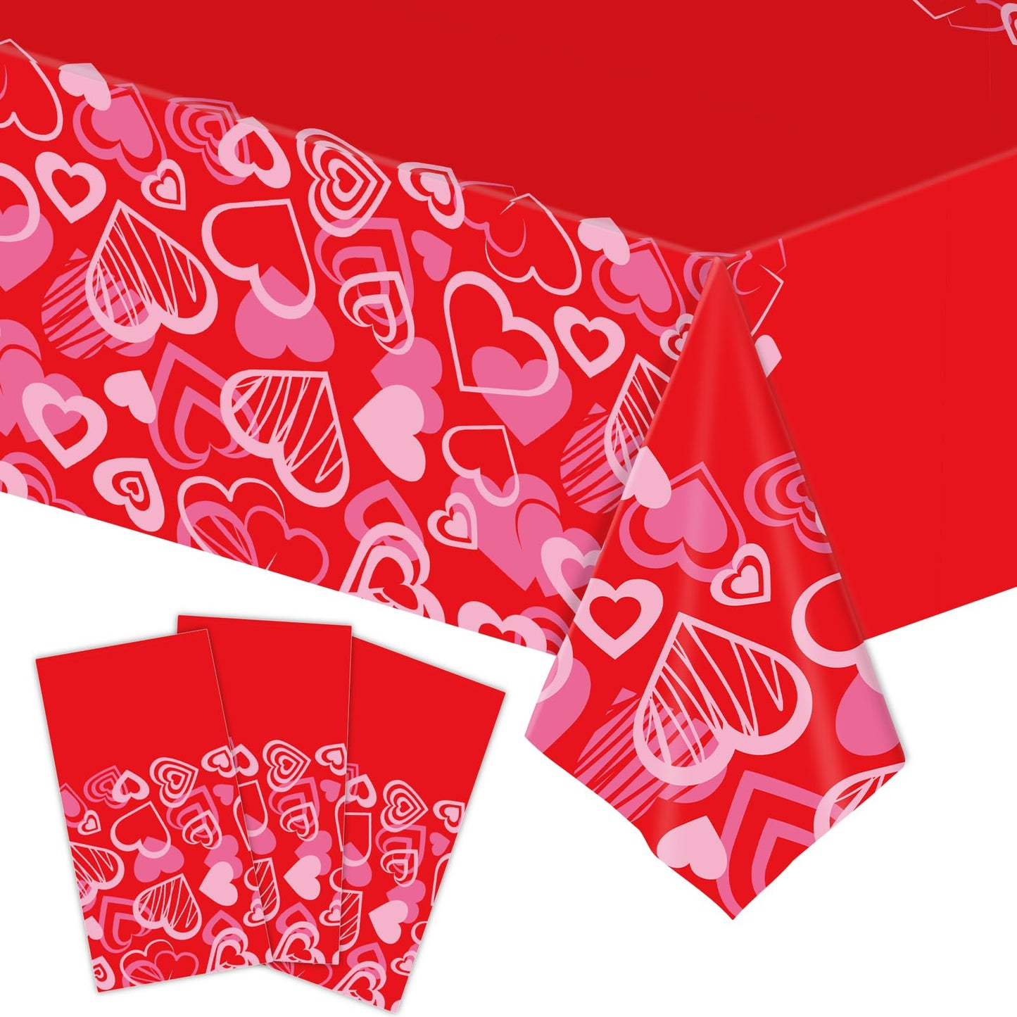 Herytem 3-Piece 54 x 108 Inch Valentine’s Day Plastic Tablecloth - Red Heart Disposable Rectangle Table Covers for Romantic Party, Love Decorations