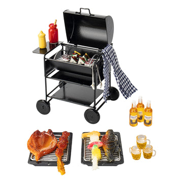Mini House Miniature Square Barbecue Grill Oven Figurine Garden Cooking Tool Kitchen Accessories Decoration Fake Barbecue Food Realistic Drink Beer