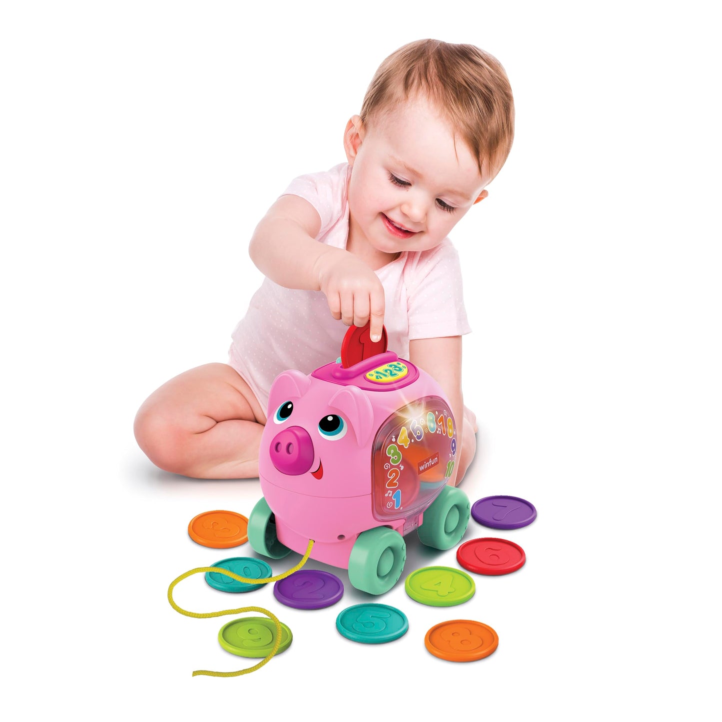Winfun Pull-Along Pink Counting Piggy Bank - Bilingual English & Spanish Toy for Babies 6+ Months - Interactive Sounds, Lights, Phrases & Music