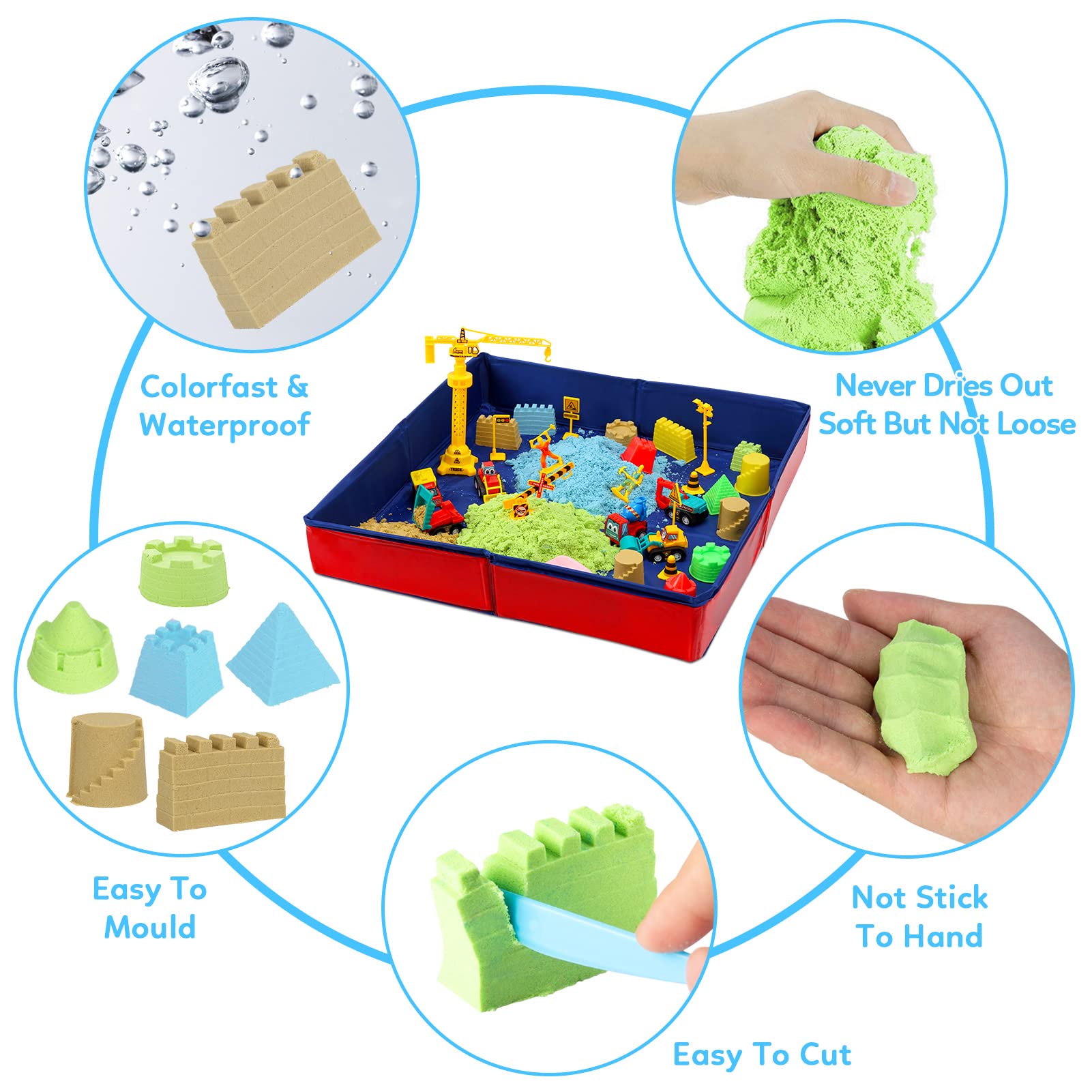 GarveeLife Kids Sand Kit, 43PCS Set w/Tools, 6 Construction Trucks & Castle Molds, Foldable Sand Box Storage Bin Tote, Toys for Boys Girls