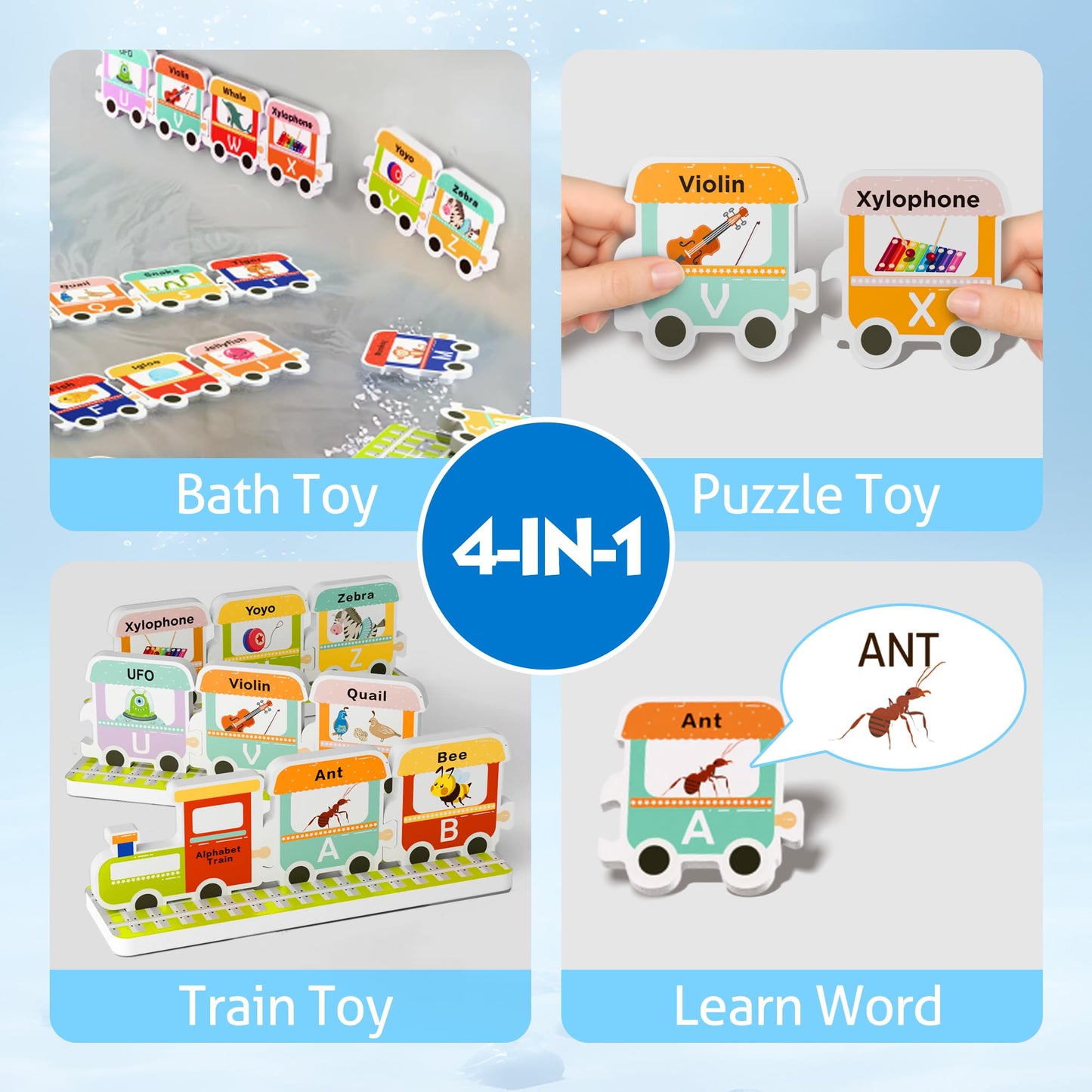iPlay, iLearn Bath Toy Organizer W/Foam Letters, Toddler Bathtub Toy W/Storage Net, 32 Floating Alphabet Train Puzzle Bathtime Shower Water Play