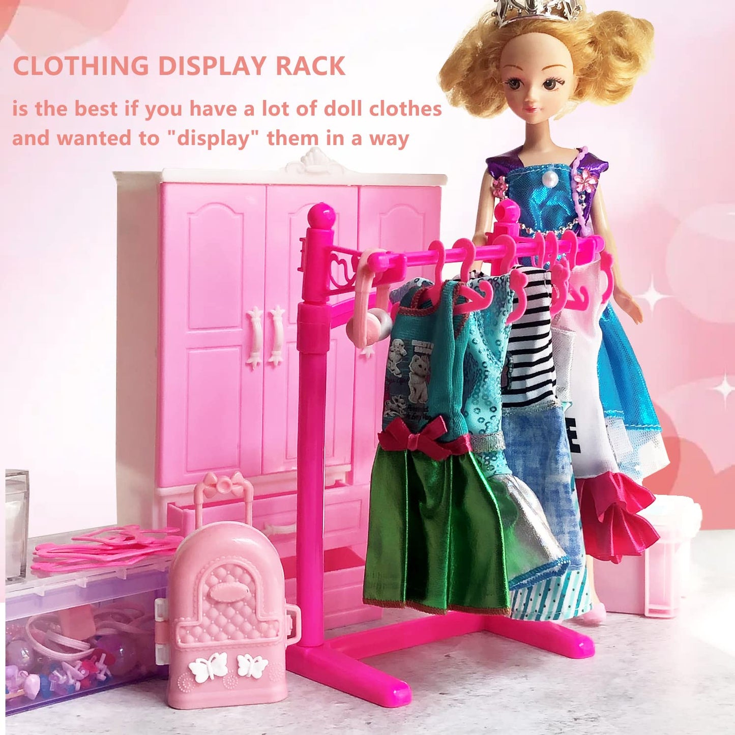 55PCS Barbie Doll Hangers with Display Rack - Mini Clothes Hangers for 11.5 & 12 Inch Dolls, Plastic Organizer Storage for Doll Dresses Outfits (Pink)