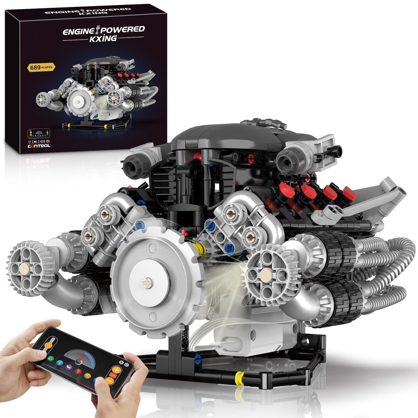 HIGH GODO V8 Engine Building Kit that Works, Build Your Own MOC V8 Engine Model with App Control, Visible Car Engine Model Kit with Motor and Lights