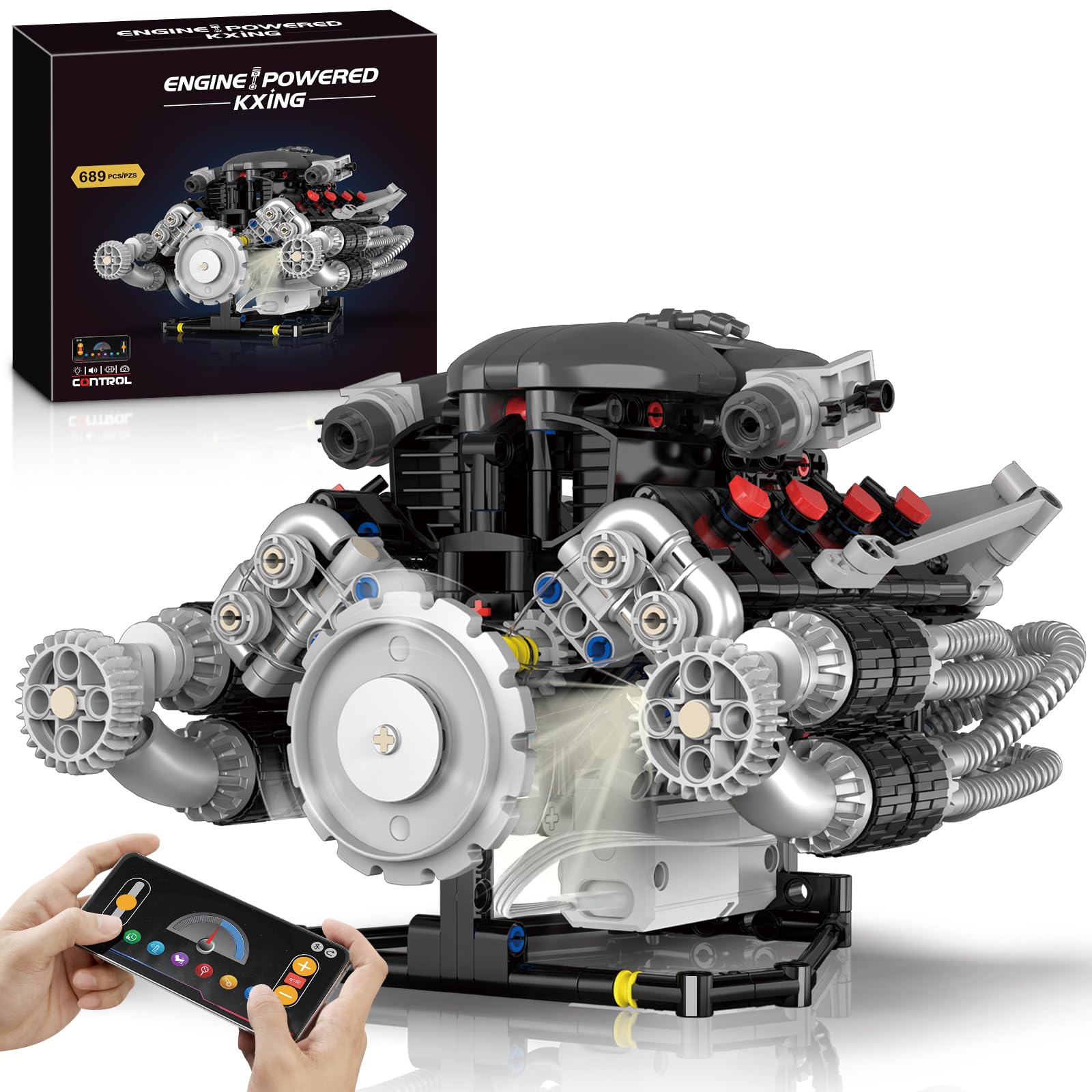 HIGH GODO V8 Engine Building Kit that Works, Build Your Own MOC V8 Engine Model with App Control, Visible Car Engine Model Kit with Motor and Lights
