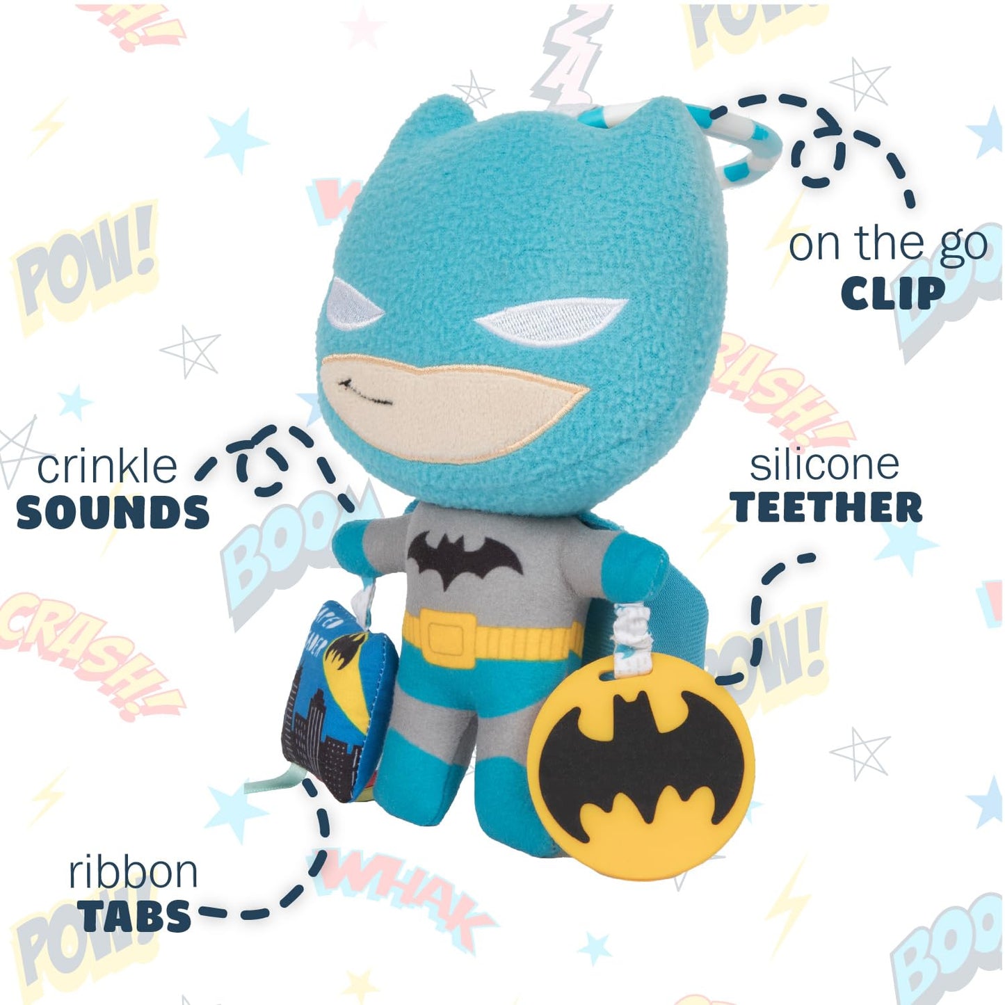 Kids Preferred DC Comics The Batman Multi Sensory Activity Toy with Teethers, Crinkle Textures, and Clip for On The Go Fun for Infant and Baby Boys