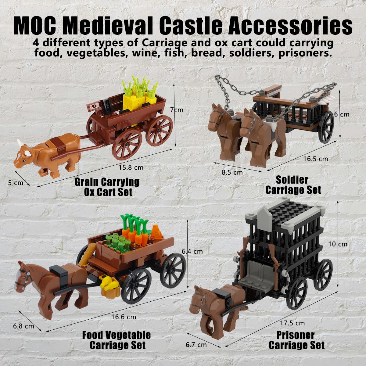 4 Kind of Medieval Carriage Building Blocks,Ancient Grain Horsecart Oxcart Bricks Set,Medieval Prisoner Soldier Vehicles Building Set,MOC Medieval