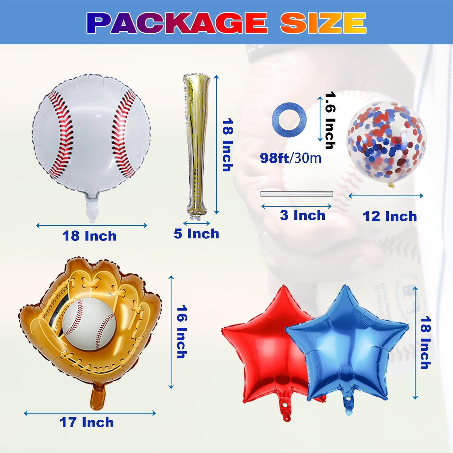 Baseball Party Balloons,Baseball Glove Jumbo Foil Mylar Baseball Bat Balloons for Birthday Sports Theme Supplies,Confetti Red and Blue white Foil