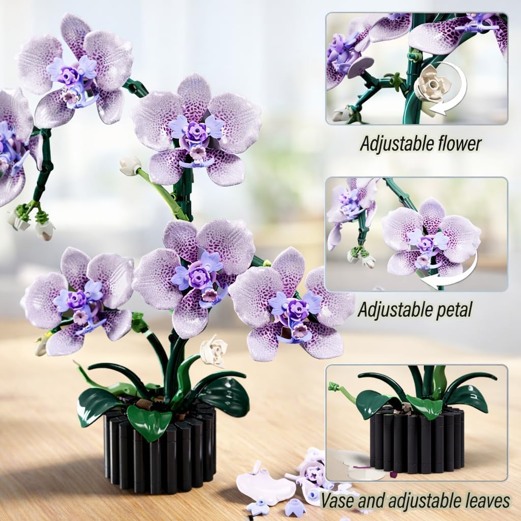 Purple Phalaenopsis Building Blocks Set,619PCS Orchid Model Kit,Birthday Gift Compatible with Lego Flowers for Adults Women Girls Boys Age 14+