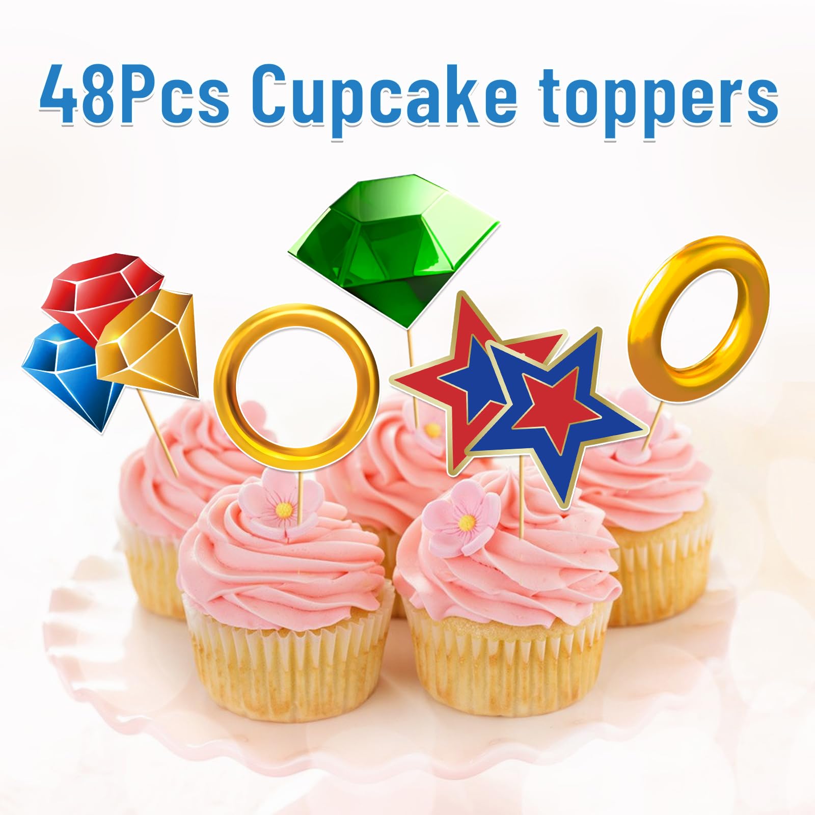 Tentaquil 48pcs Blue Hedgehog Theme Cupcake Toppers - Video Game Party Decorations Kids Birthday Cake Picks Cartoon Style Party Supplies