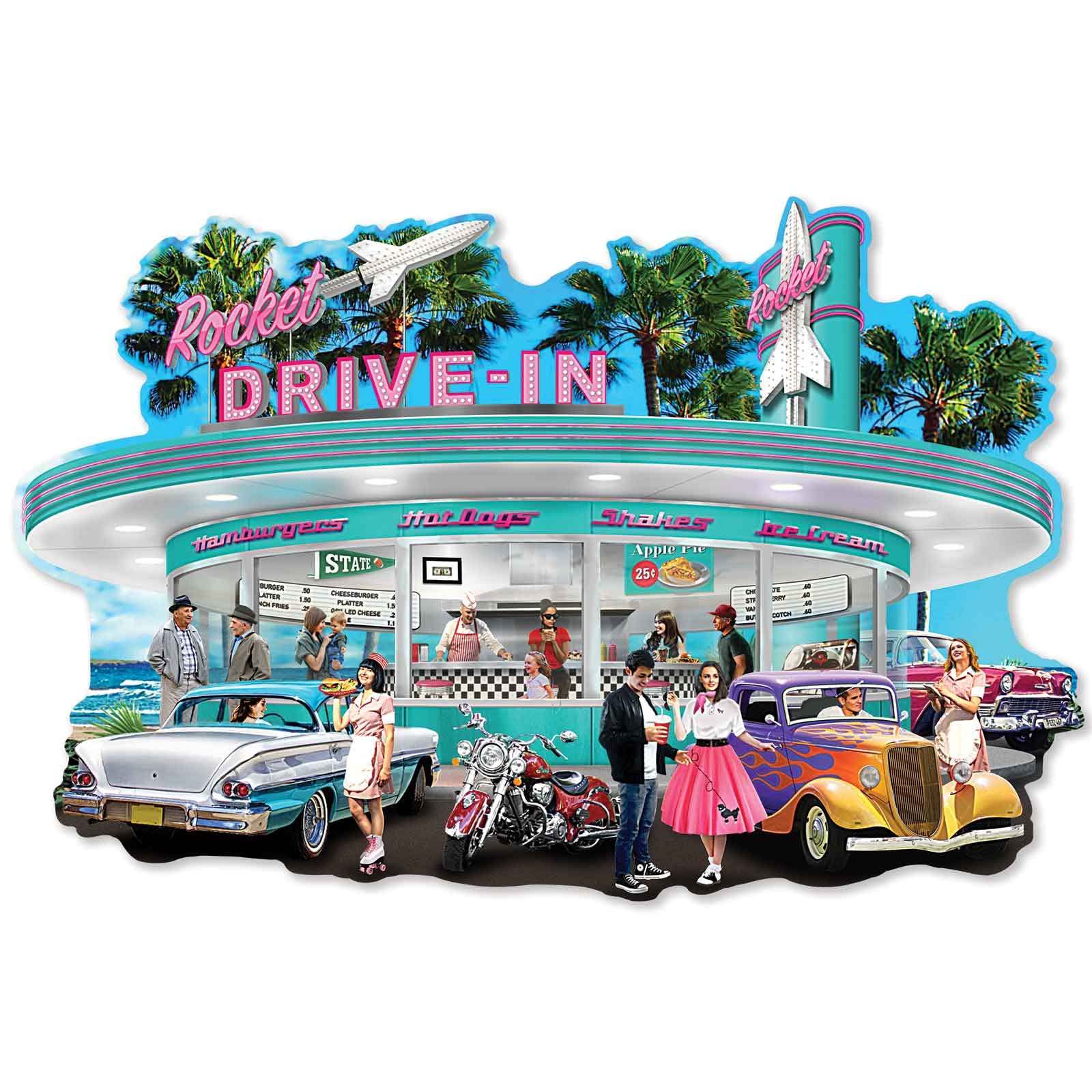 Bits and Pieces - 750 Piece Jigsaw Puzzle for Adults - Rocket Drive - in' - Classic Cars Retro Diner Jigsaw Puzzle by Chris Dobrowolski, Completed