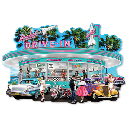 Bits and Pieces - 750 Piece Jigsaw Puzzle for Adults - Rocket Drive - in' - Classic Cars Retro Diner Jigsaw Puzzle by Chris Dobrowolski, Completed