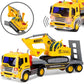 Liberty Imports Big Rig Tractor Trailer Low Boy Transport Flat Bed with Excavator Toy Trucks Combo, Semi Truck with Lights and Sounds, Flatbed Push
