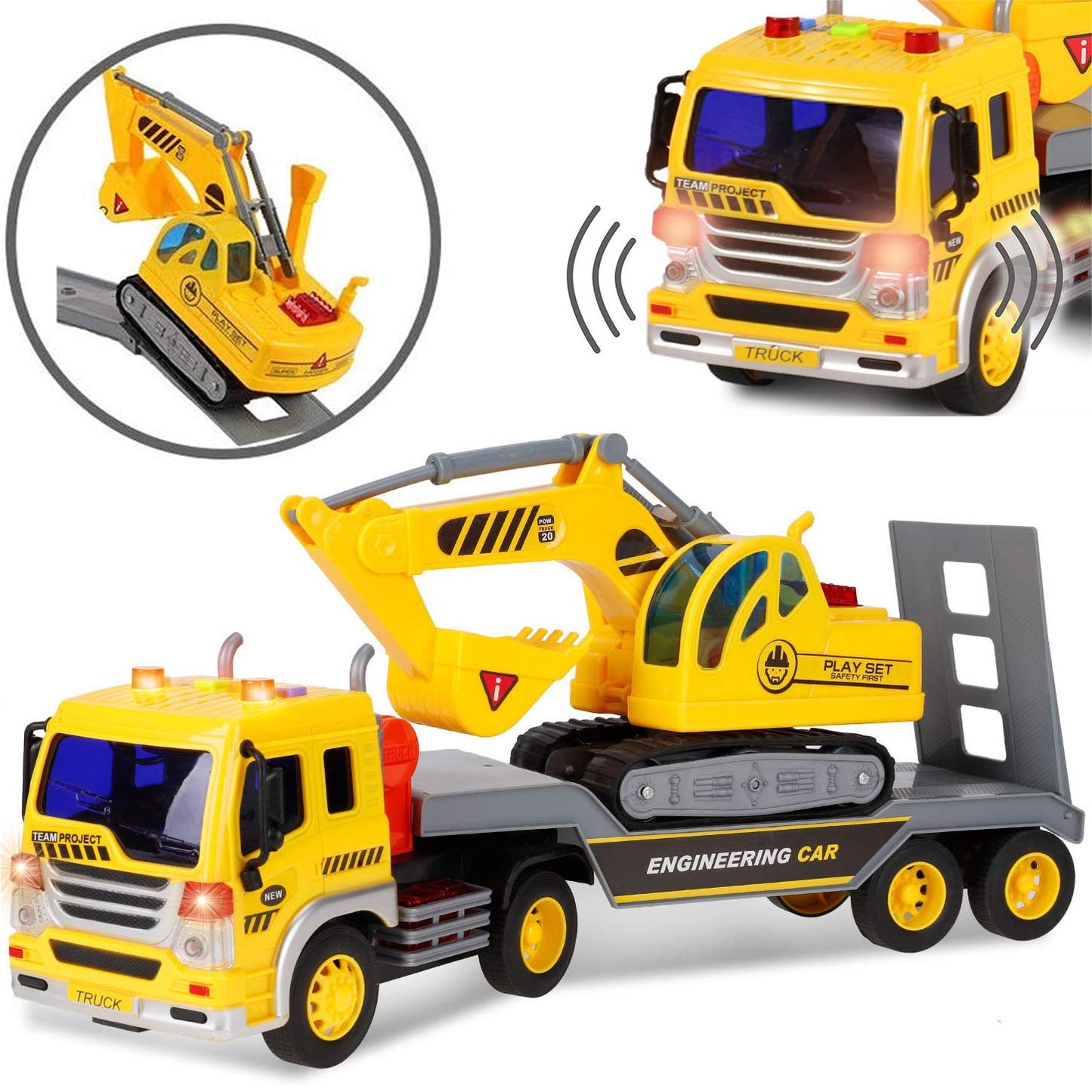 Liberty Imports Big Rig Tractor Trailer Low Boy Transport Flat Bed with Excavator Toy Trucks Combo, Semi Truck with Lights and Sounds, Flatbed Push