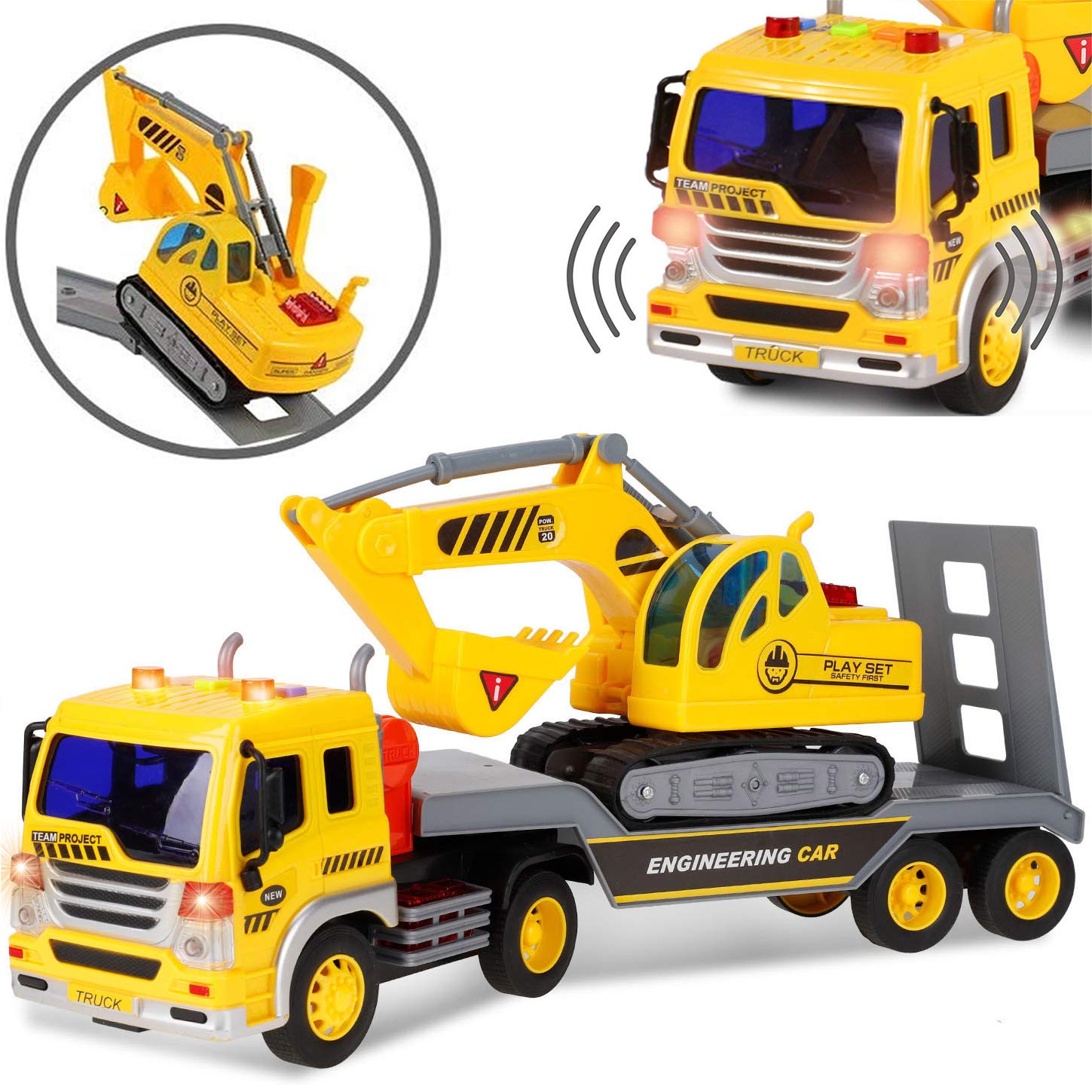 Liberty Imports Big Rig Tractor Trailer Low Boy Transport Flat Bed with Excavator Toy Trucks Combo, Semi Truck with Lights and Sounds, Flatbed Push