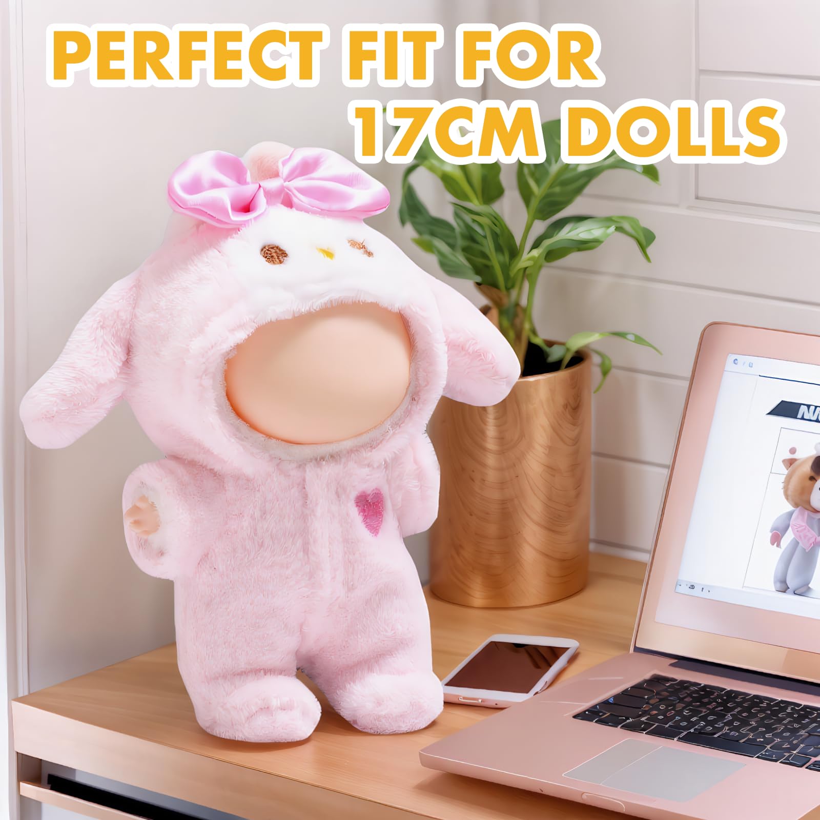 17cm Doll Clothes Set, Faux Animal Style Adorable Onesie Outfit for Keychain Dolls Dress-Up (Pink, No Doll Included)