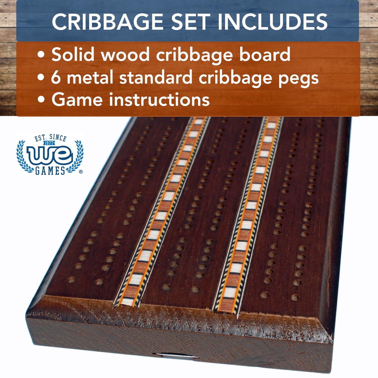 WE Games Classic Dark Oak Cribbage Board Set 3 Track Solid Wood Sprint Board with Metal Pegs, Family Games, Living Room Decor, Travel, Outdoor
