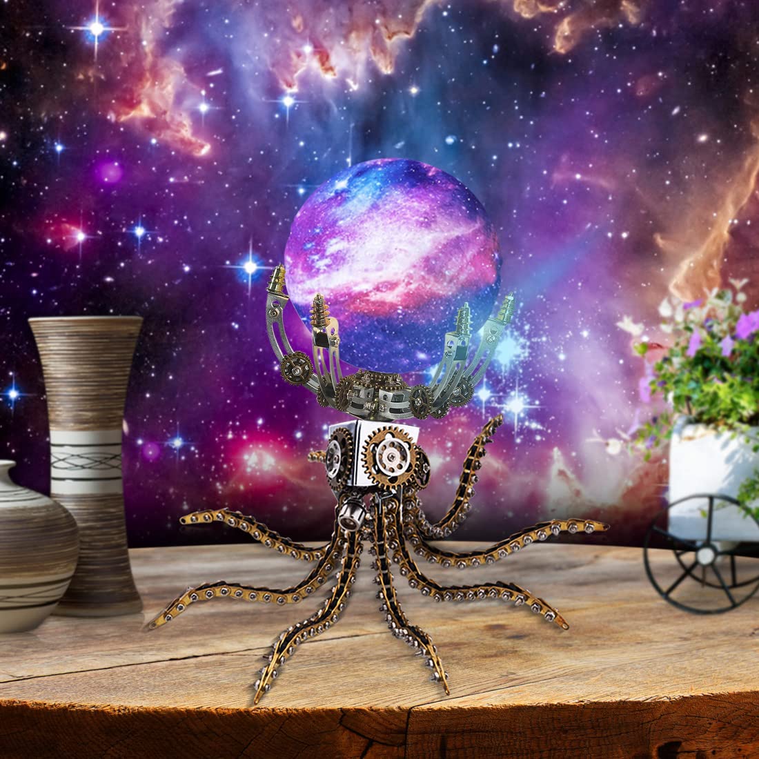 Wooptoothy 3D Metal Puzzle Model Kit - 1060 Pieces Mechanical Octopus Base with Light, Assembly DIY Steampunk Puzzle Collection Ornament Decoration