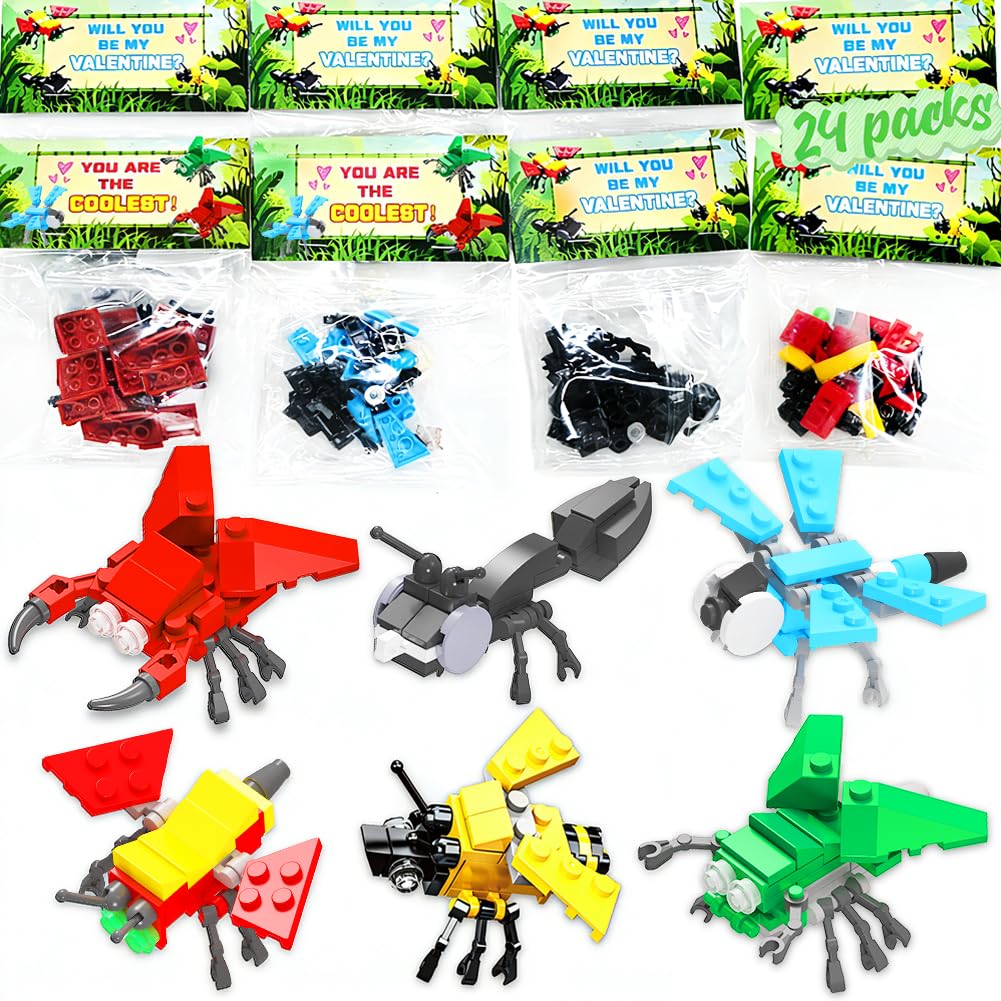 WODMAZ 24 Packs Insect Building Blocks, Insect Animals Building Toy for Easter Gifts Classroom Prizes, Goodie Bags Easter Basket Stuffers, Valentine