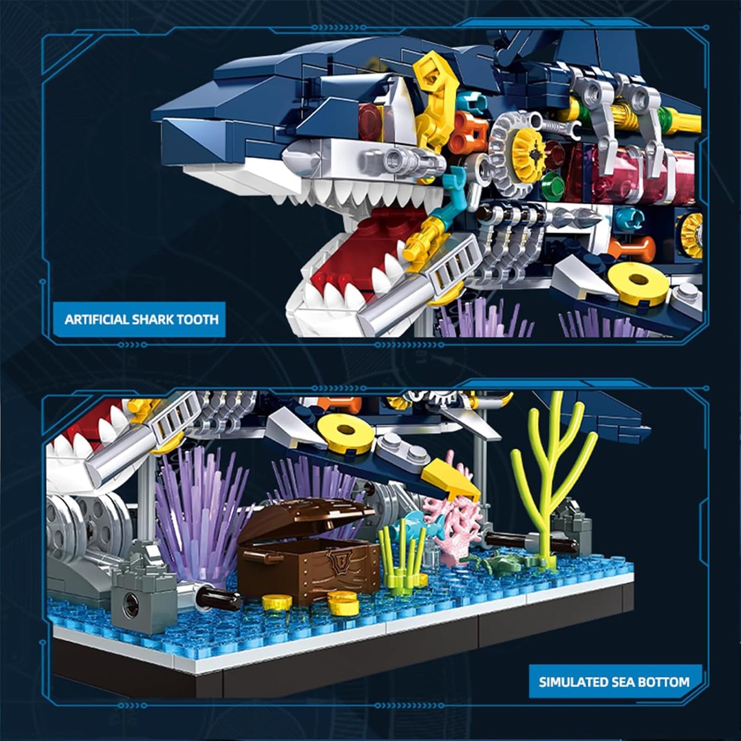 TENYEAH Shark Building Block Set, Ocean Building Set, Cool Mechanical Rotatable Shark Toys, Birthday Creative Ideas Gifts for Adults (499 Pcs)
