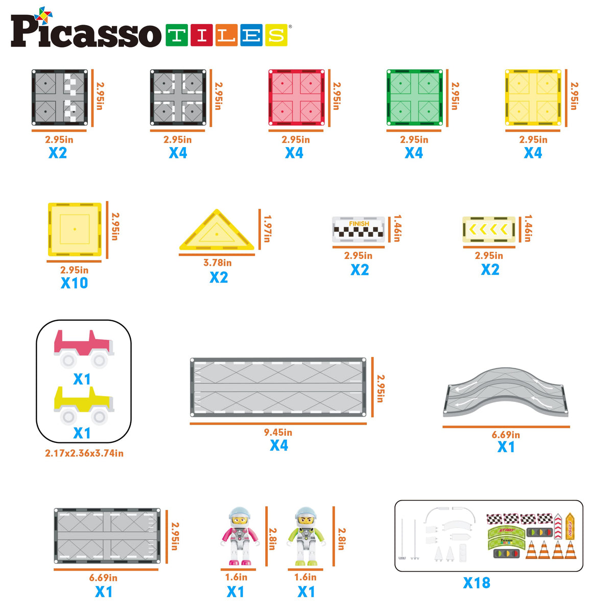 PicassoTiles Magnet Tile Race Car Track Construction Building Block Toy Kit with Character Action Figures and Racing Cars Magnetic Tiles STEM