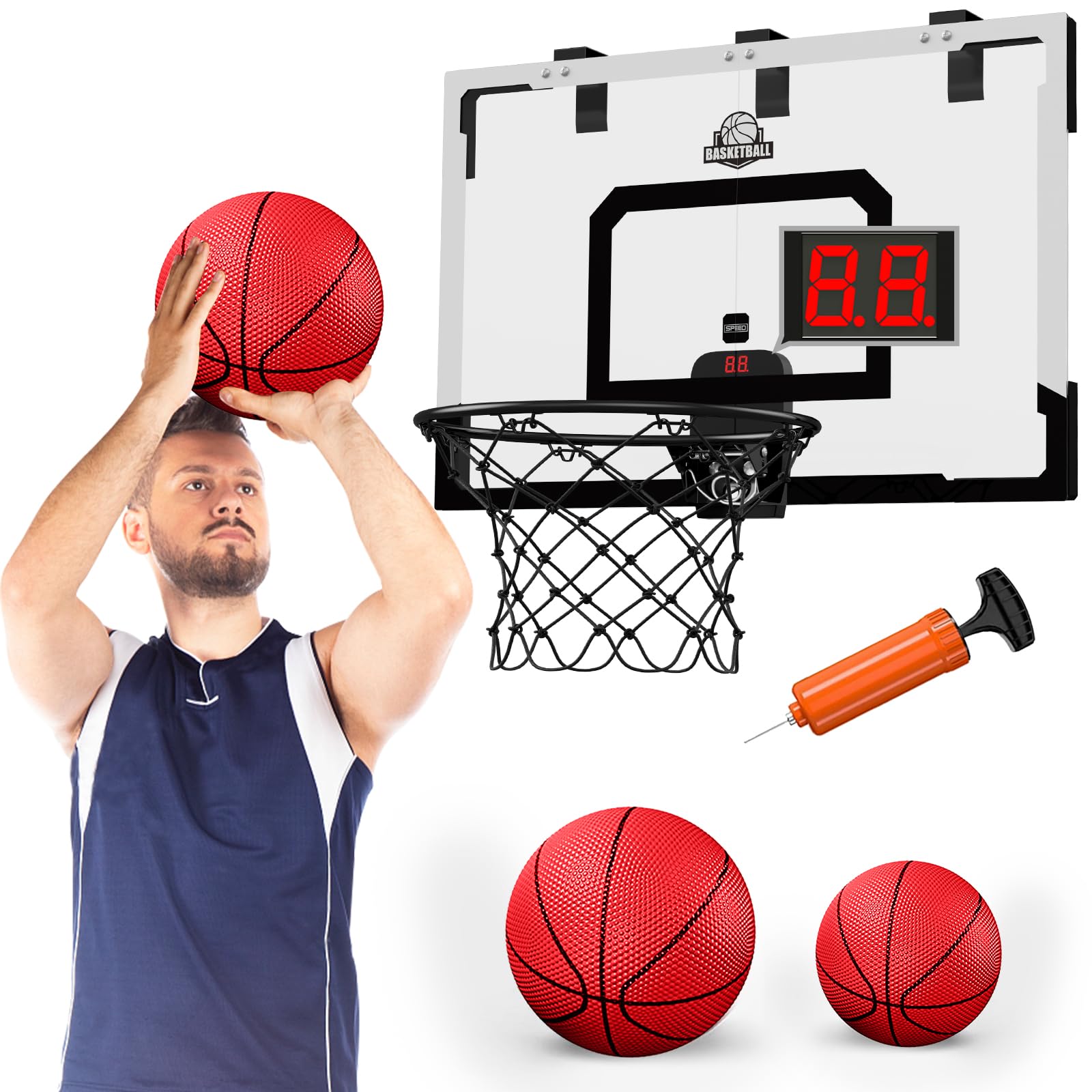 HYES 24" x 16" Large Over The Door Basketball Hoop Indoor with Scoreboard