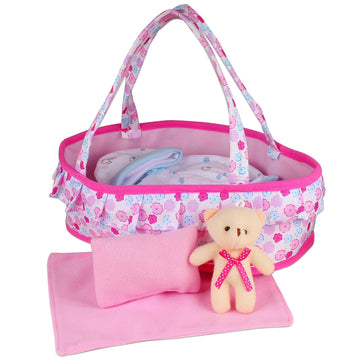 Young Buds Baby Doll Cradle Bassinet Portable Doll Carrier Carry Bag,Doll Accessories Playset,with Soft Pillow Quilt Blanket Bear,for 8-9-10-11-12
