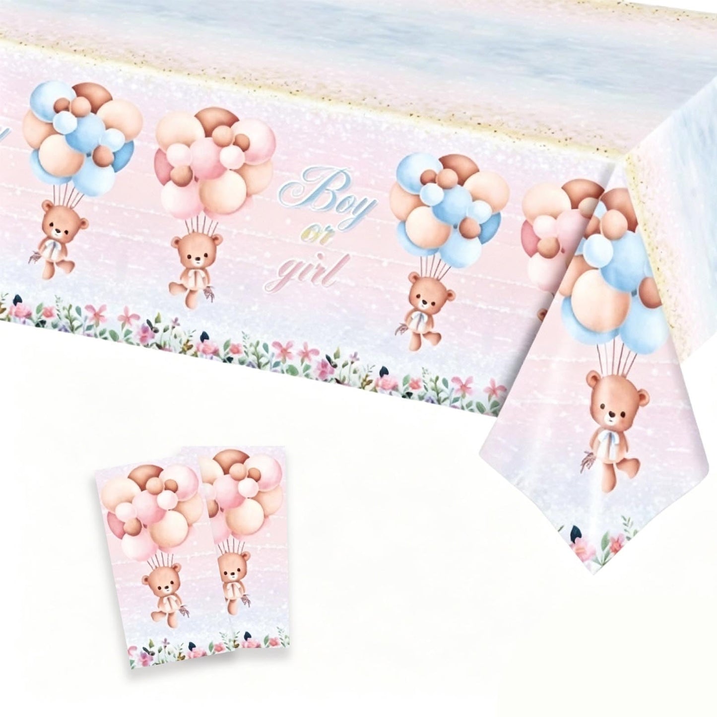 Shalve 2pcs Gender Reveal Tablecloth 137×274 cm Teddy Bear Pattern Table Cover, Boy or Girl Gender Reveal Party Supplies for Baby Shower, Birthday