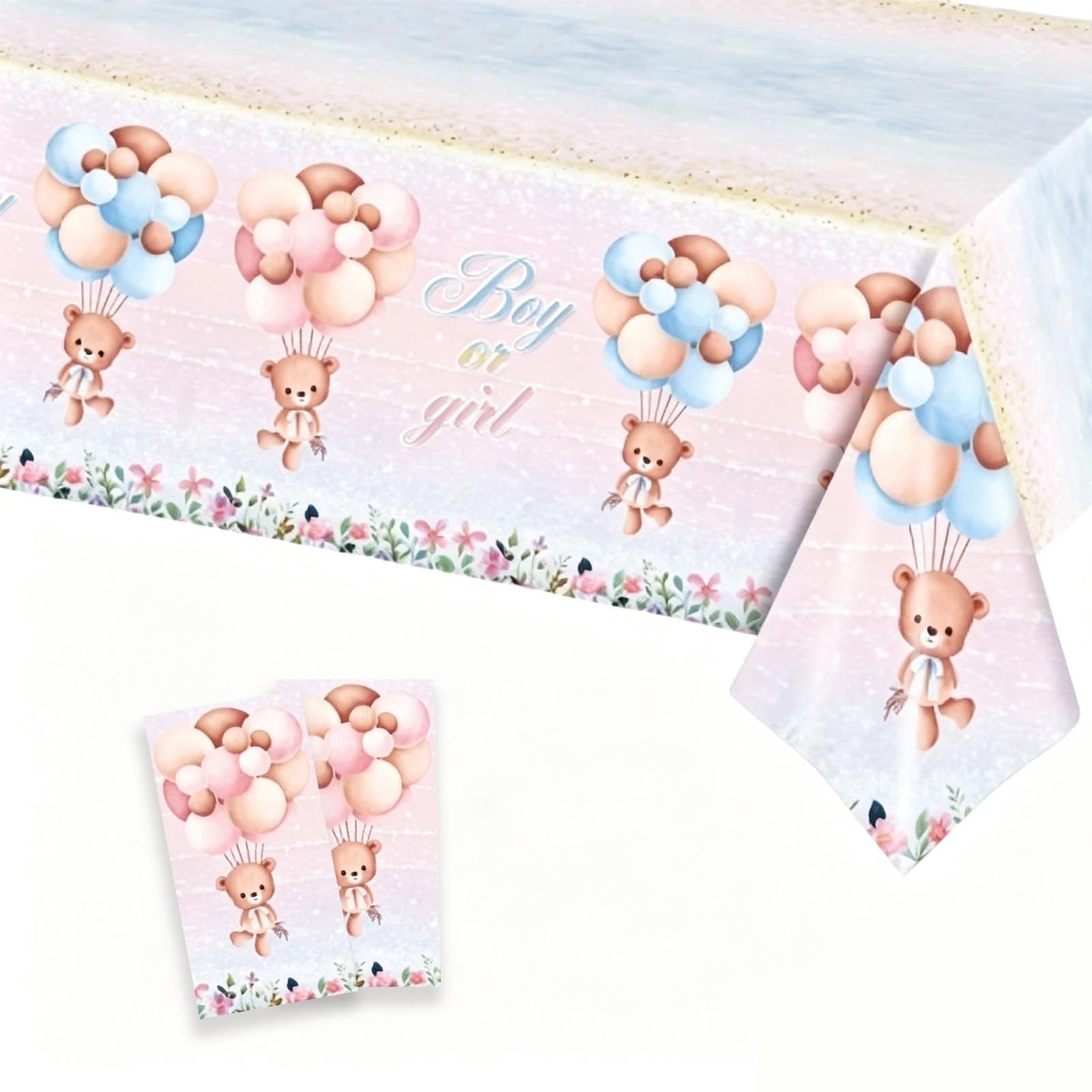 Shalve 2pcs Gender Reveal Tablecloth 137×274 cm Teddy Bear Pattern Table Cover, Boy or Girl Gender Reveal Party Supplies for Baby Shower, Birthday