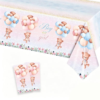 Shalve 2pcs Gender Reveal Tablecloth 137×274 cm Teddy Bear Pattern Table Cover, Boy or Girl Gender Reveal Party Supplies for Baby Shower, Birthday