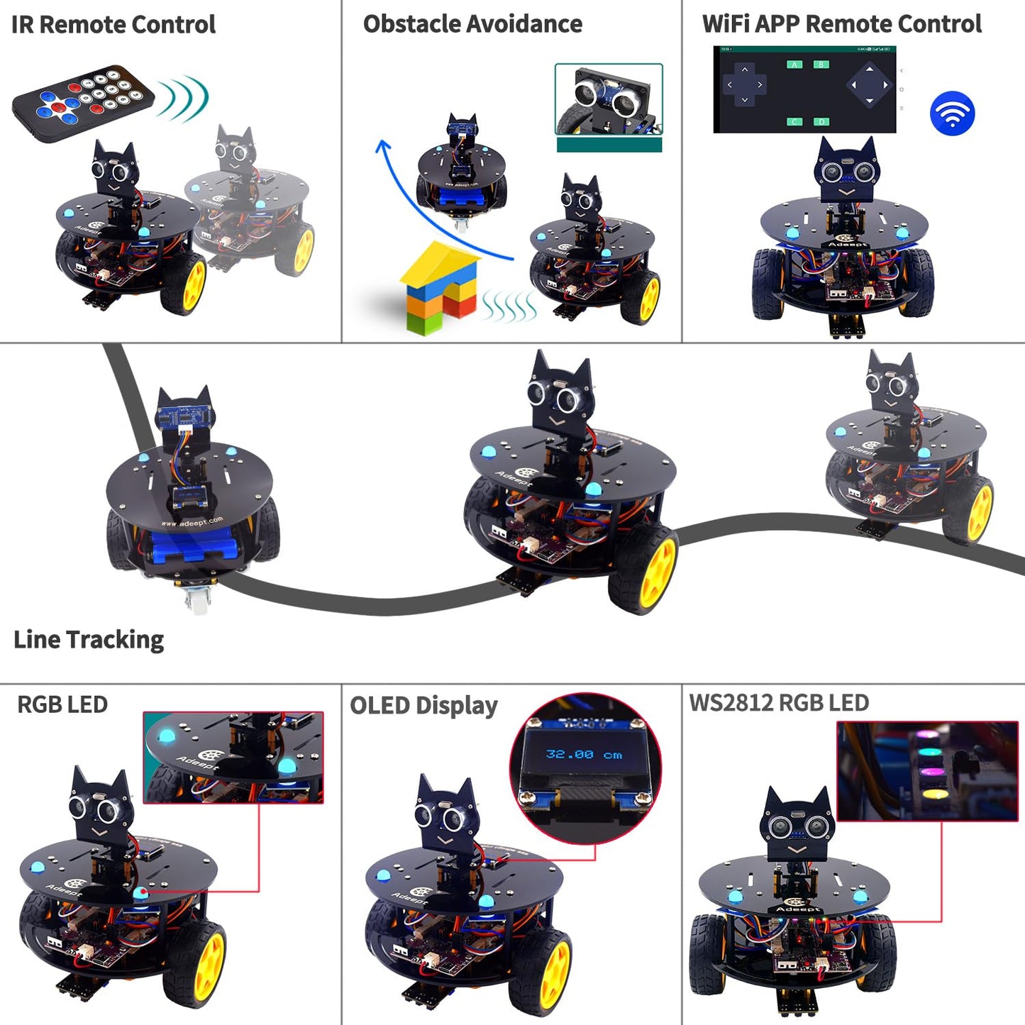 Adeept Smart Car Kit(Compatible with Arduino IDE), Line Tracking, Obstacle Avoidance, OLED Display, Ultrasonic Sensor, Wireless Remote Control, DIY