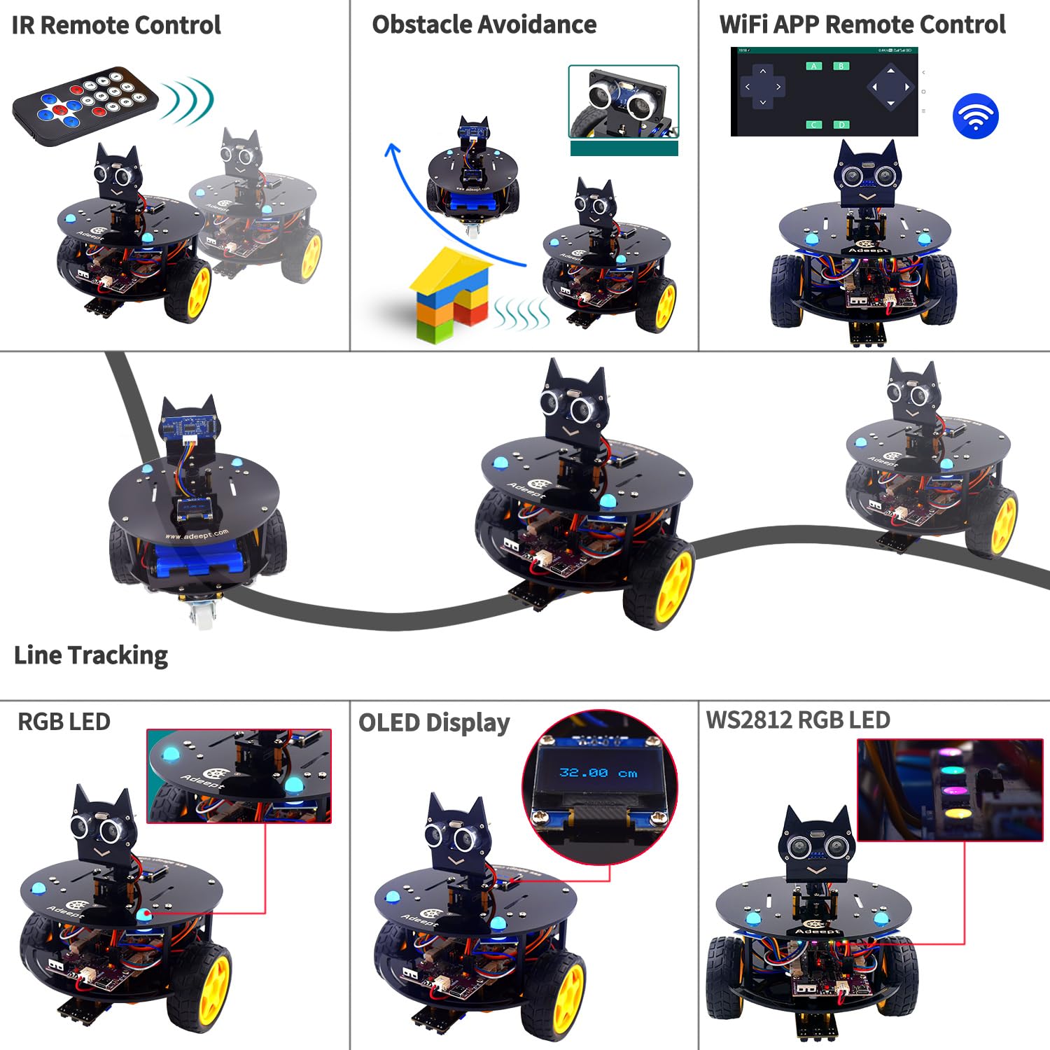 Adeept Smart Car Kit(Compatible with Arduino IDE), Line Tracking, Obstacle Avoidance, OLED Display, Ultrasonic Sensor, Wireless Remote Control, DIY