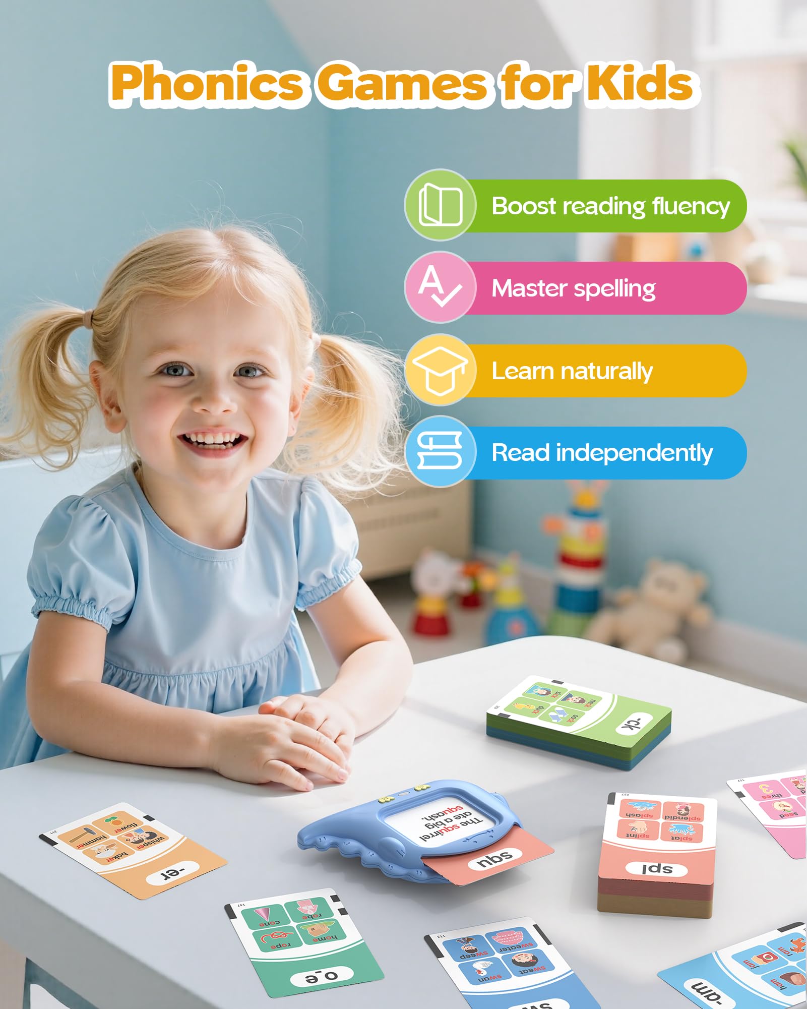 Phonics Talking Flash Cards for Toddlers 3-8, Airbition Learn to Read in 20 Stages, Digraphs CVC Blends Long Vowel Sounds Spelling