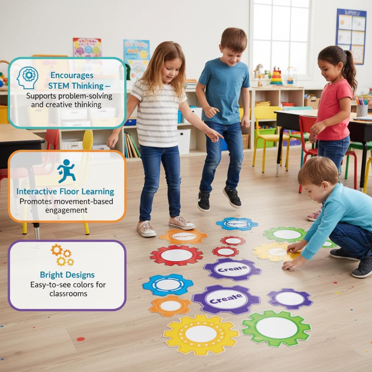 Gear Shaped Stem Floor Clings - 26 Pieces - Educational and Learning Activities for Kids
