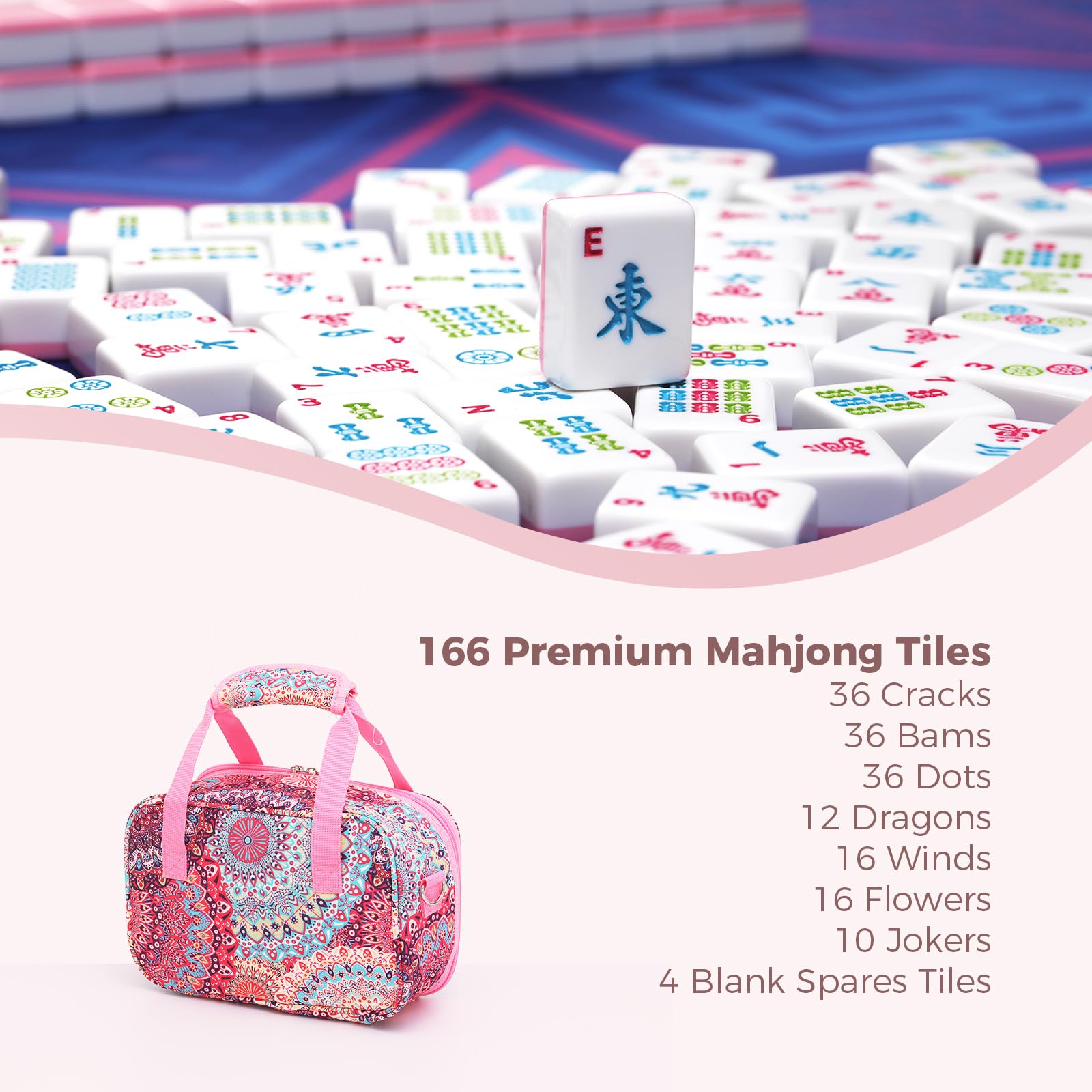 Kyerlish American Mahjong Tile Set with Printed Handbag, 166 Premium Pink Tile and Accessories, Portable and Stylish Mahjong Set, Mahjong Game Set
