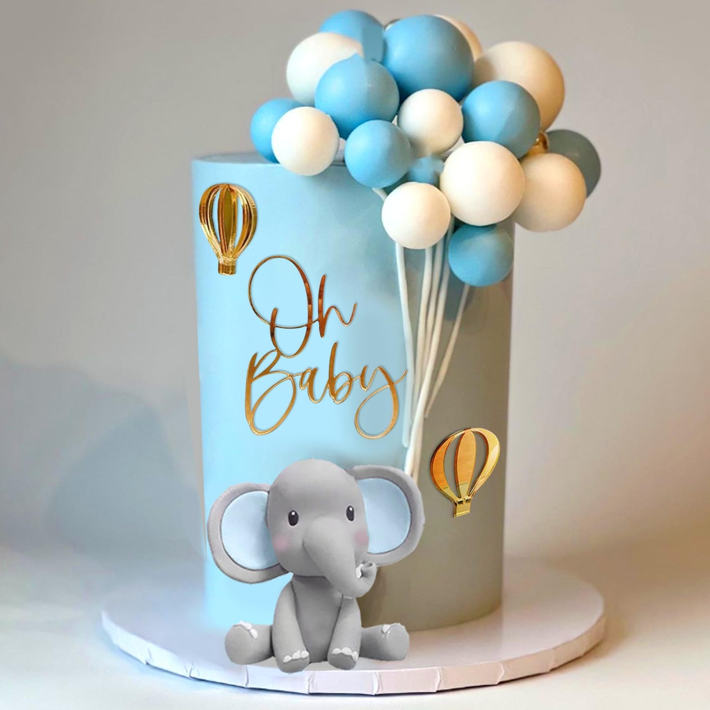 Elephant Cake Decoration with Mini Elephant Blue White Pearl Balls Hot Air Balloon for Elephant Theme Birthday Supplies (BLUE)