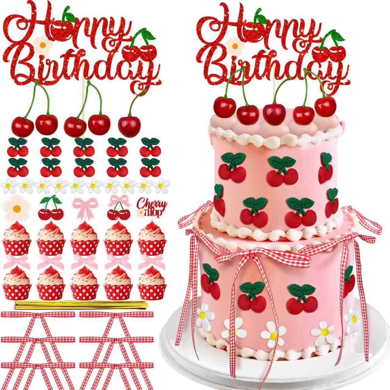 65PCS Cherry Bow Cake Decorations Set Happy Birthday Cherry Cake Topper and Cupcake Bows Decorations for Baby Shower Bridal Shower Graduation Party