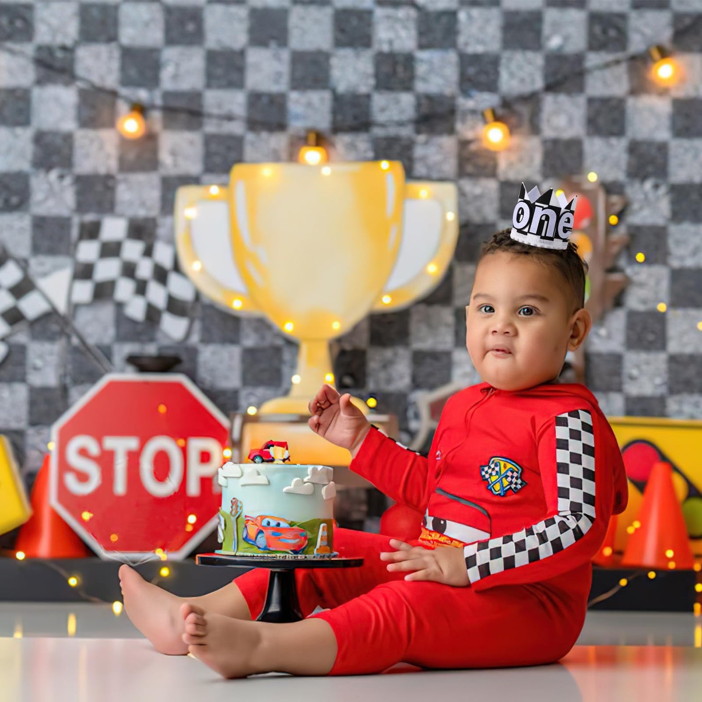 YOUAME Race Car 1st Birthday Crown - Plaid Party Crown, Boy Hat Outfit, Fast One Birthday Decor, Racing Photo Prop