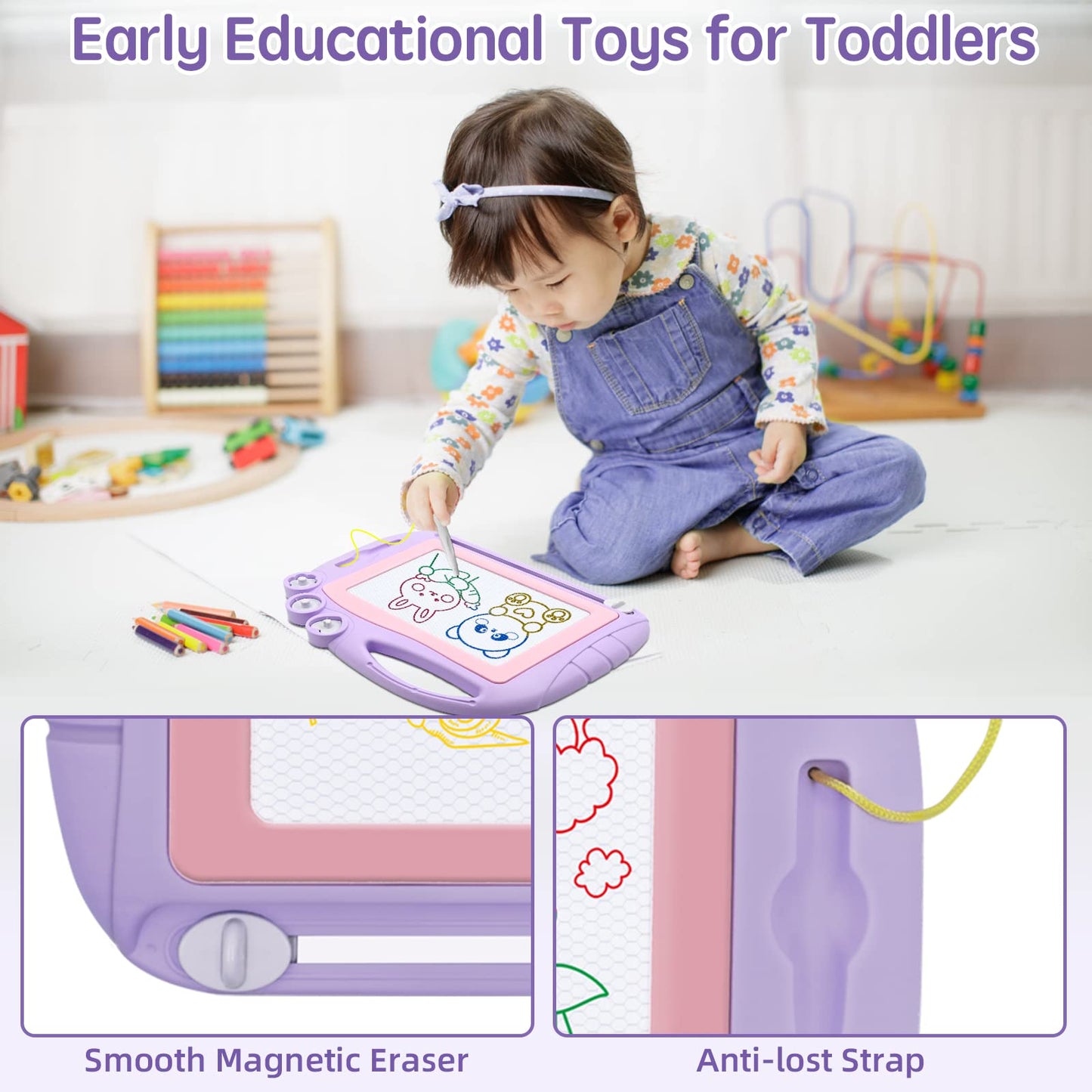 AiTuiTui Magnetic Drawing Board Toddler Toys for Girls Gifts, Erasable Sketch Writing Doodle Pad Travel Games for Kids in Car, Early Education