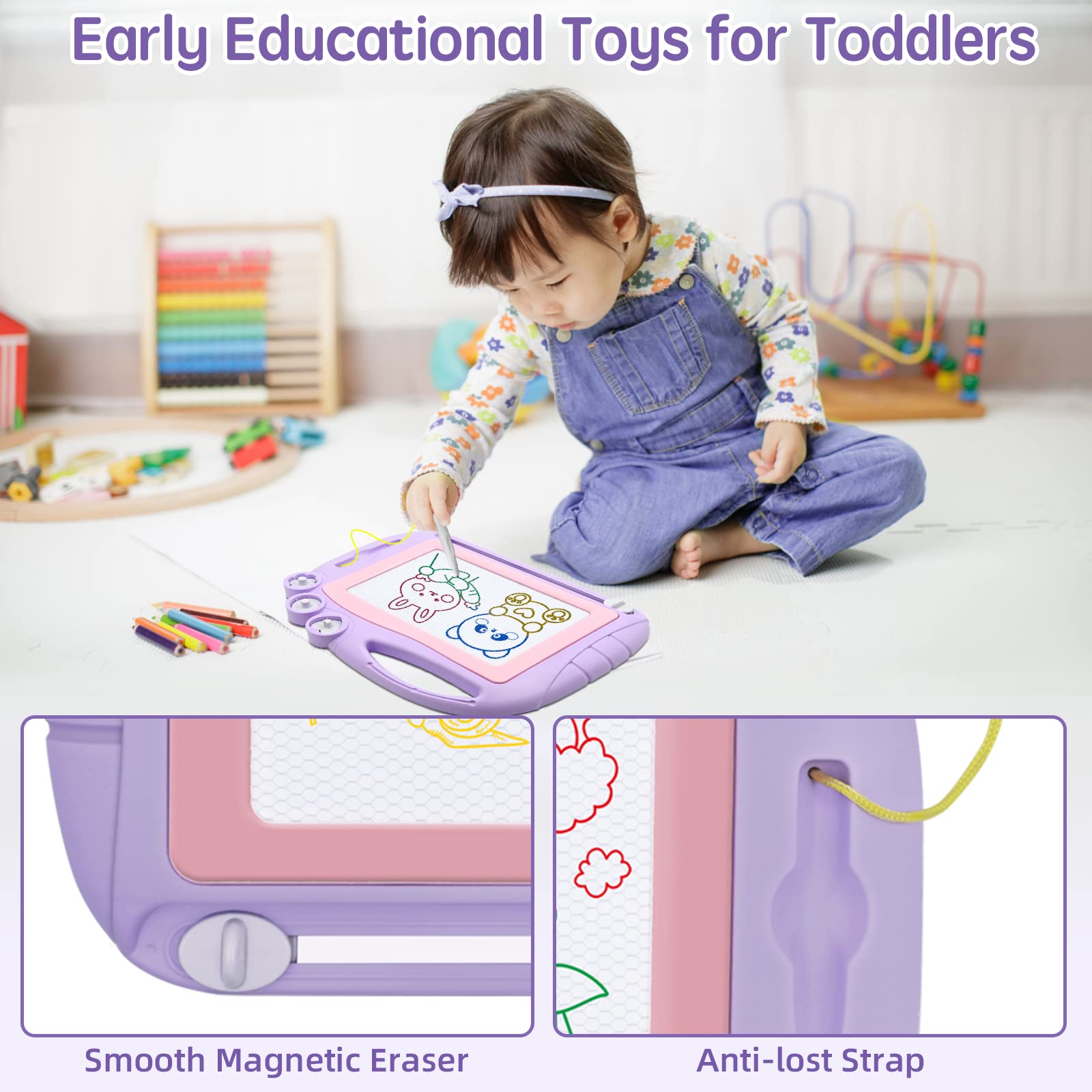 AiTuiTui Magnetic Drawing Board Toddler Toys for Girls Gifts, Erasable Sketch Writing Doodle Pad Travel Games for Kids in Car, Early Education