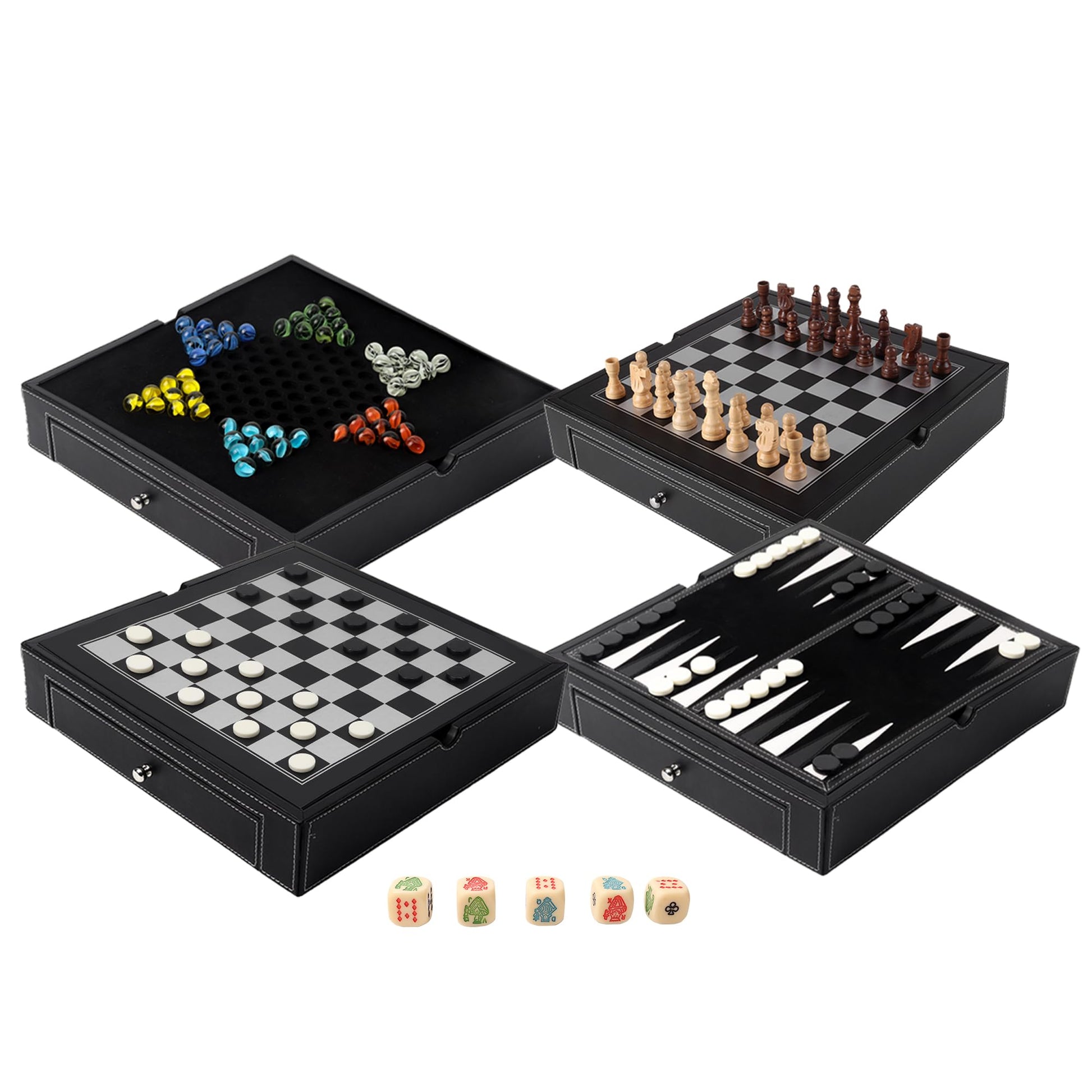 GSE Games & Sports Expert 12.5" Premium Leather 5-in-1 Chess, Checkers, Backgammon, Chinese Checkers, and Poker Dice Board Game Combo Set for Kids