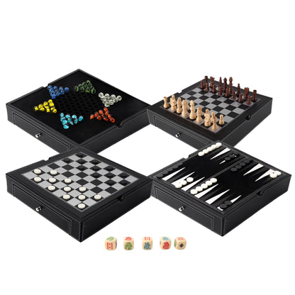 GSE Games & Sports Expert 12.5" Premium Leather 5-in-1 Chess, Checkers, Backgammon, Chinese Checkers, and Poker Dice Board Game Combo Set for Kids