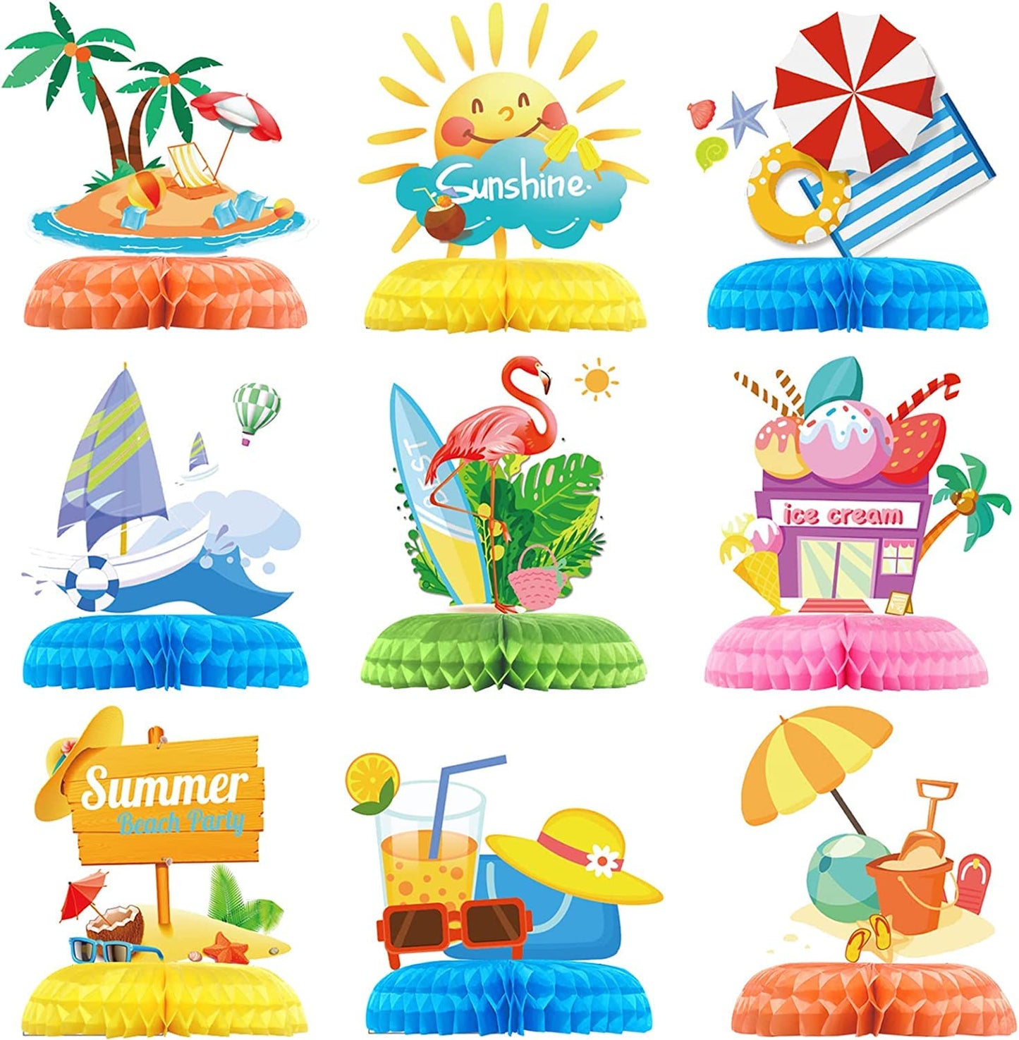Tarklanda 9 Pcs Hawaii Beach Honeycomb Centerpieces, Summer Pool Party Table Toppers 3D Double Side Paper for Hawaii Luau Pool Birthday Photo Props