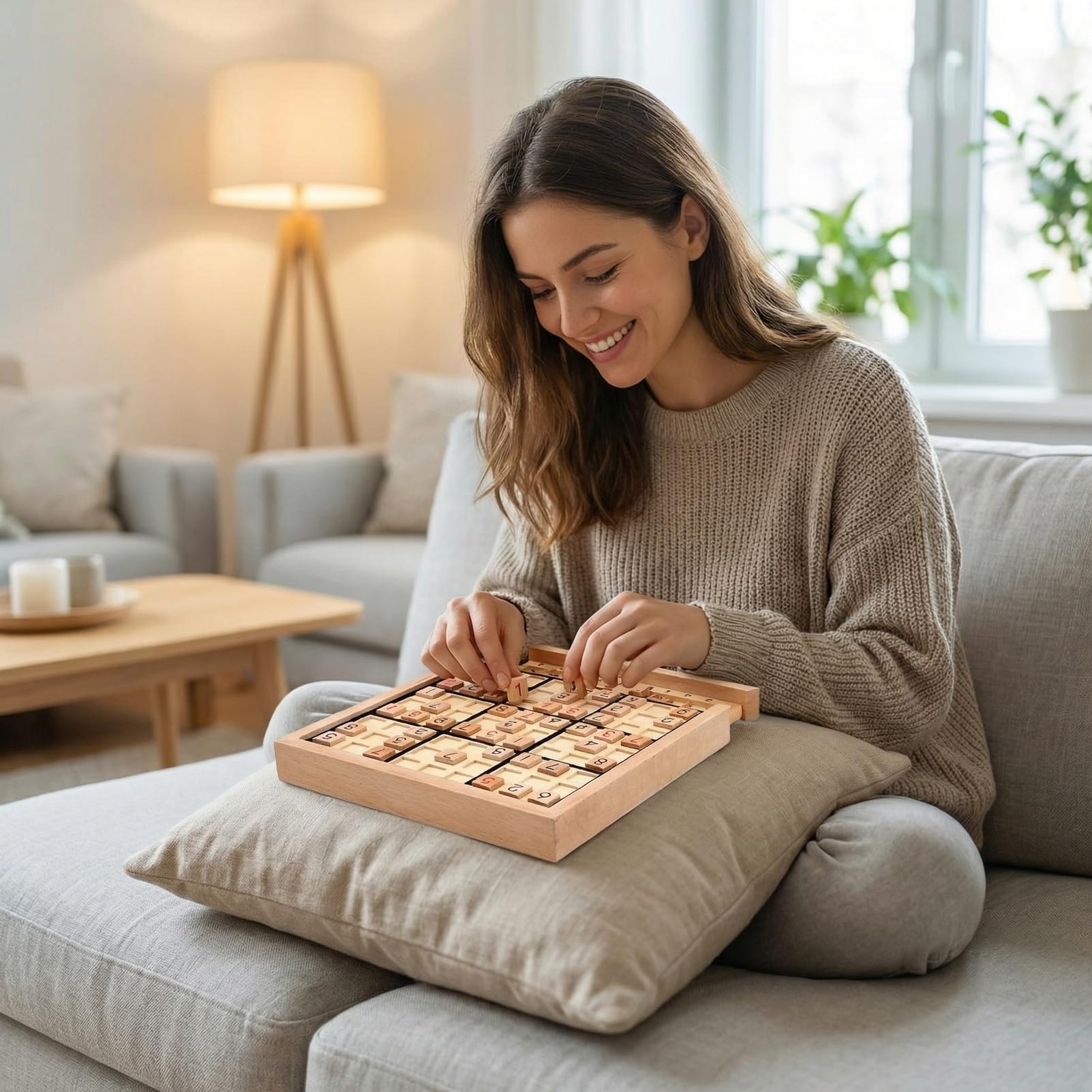 Wooden Sudoku Puzzle Board Game Set with Drawer, 9x9 Math Brain Teaser Desktop Game, Natural Beechwood Logic Thinking Training Toy for Adults