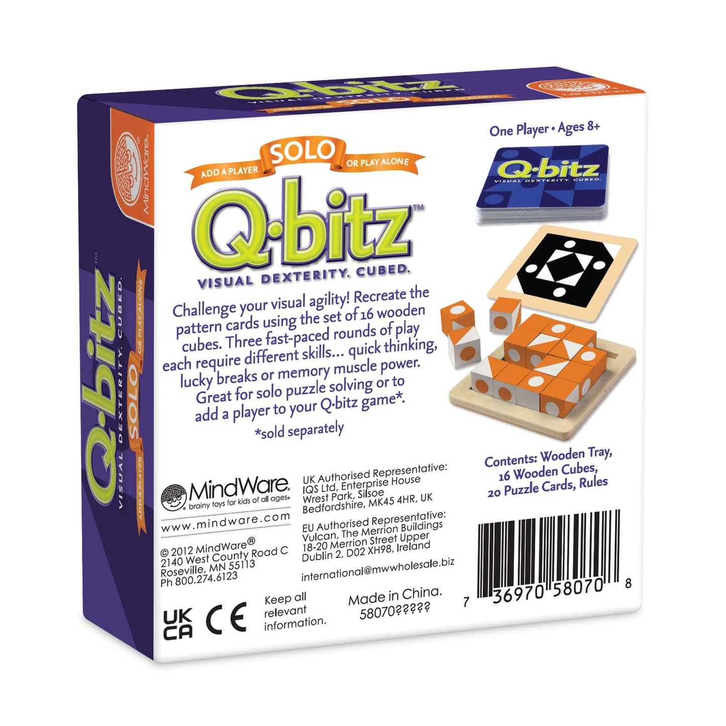 MindWare Q-bitz Solo Visual Puzzle Game, Fast Pattern Matching Logic Game with Cubes and Challenge Cards, Brain Building Activity for Kids Ages 8+