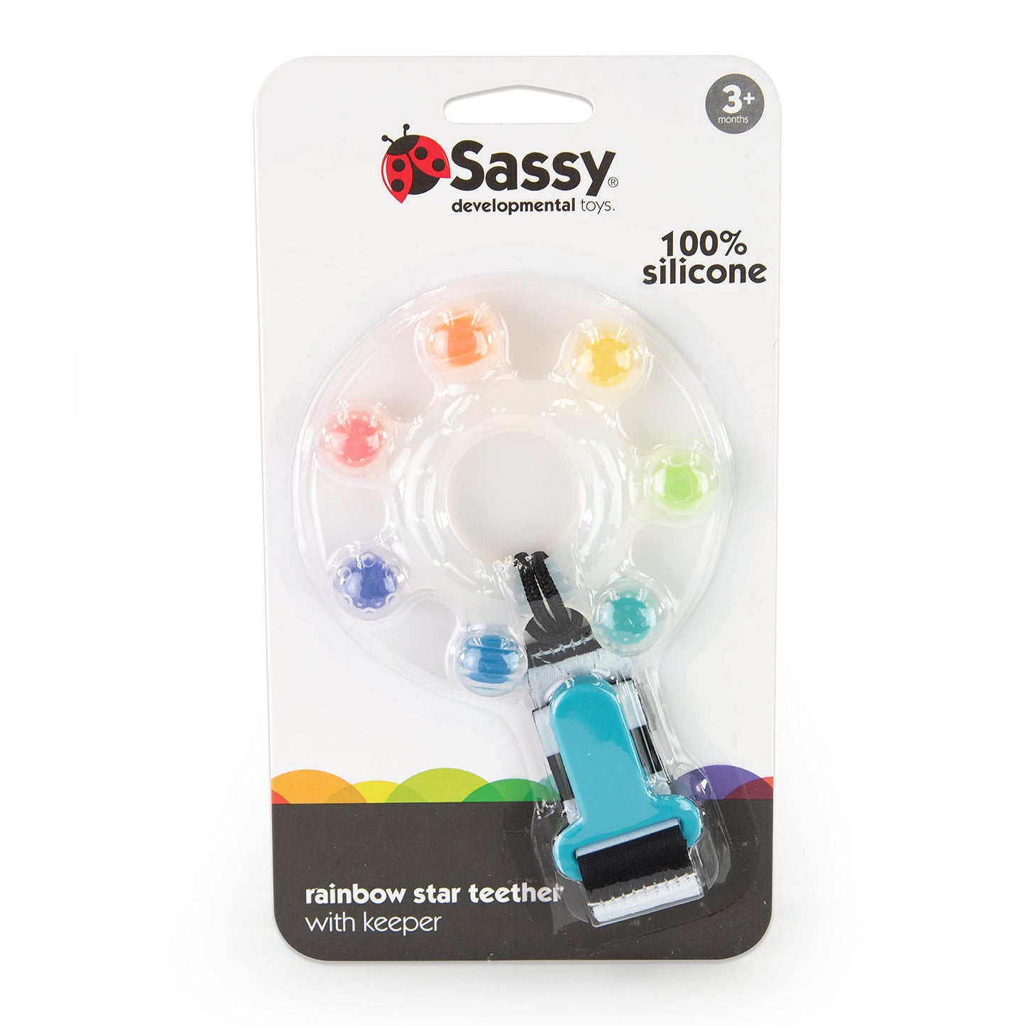Sassy Rainbow Star Teether with Keeper | Textured Silicone Teether for Teething | Ages 3+ Months and Up