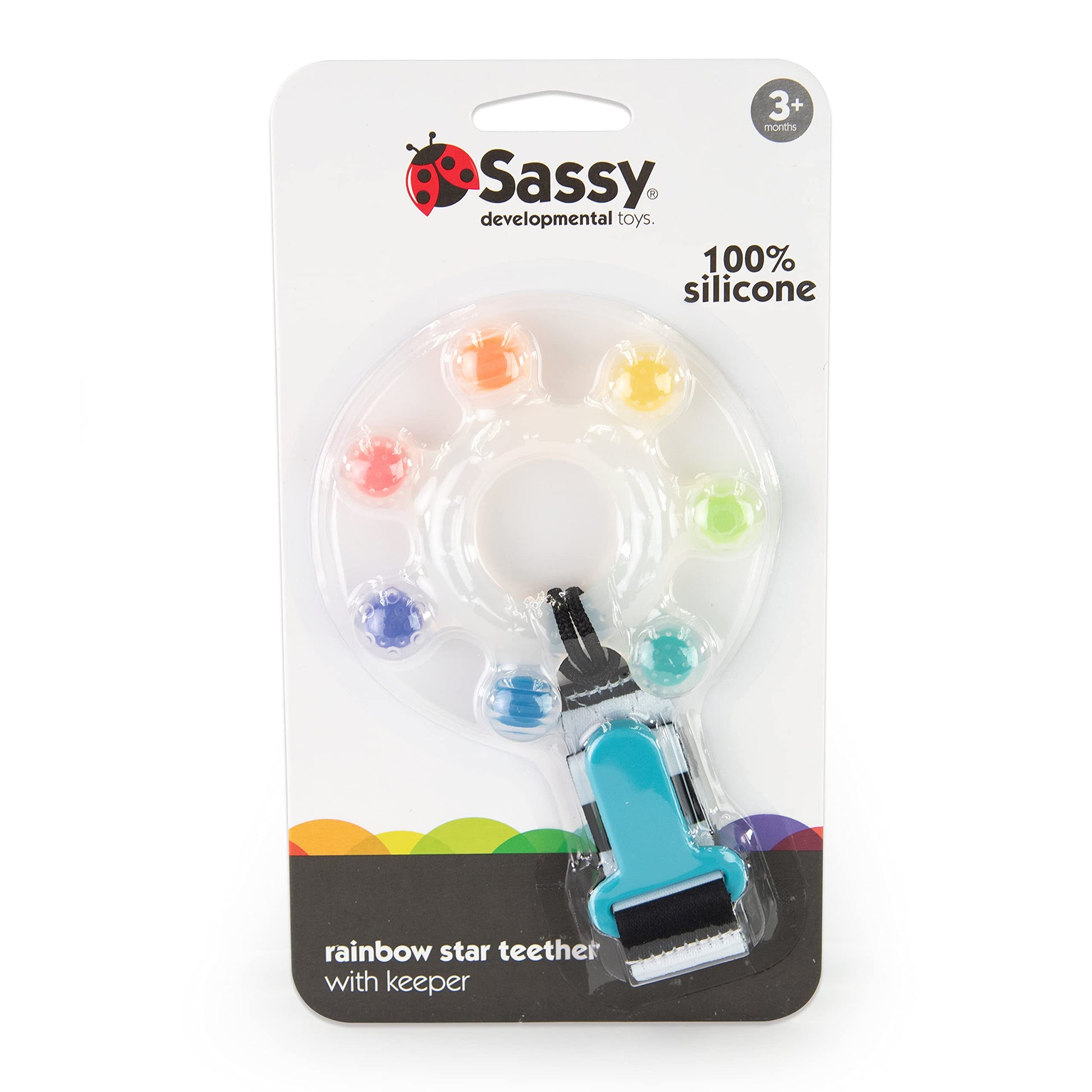 Sassy Rainbow Star Teether with Keeper | Textured Silicone Teether for Teething | Ages 3+ Months and Up