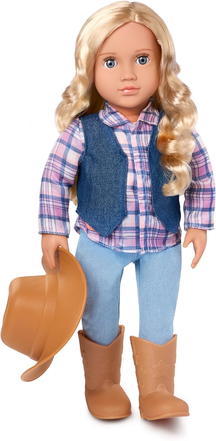 Our Generation - 18-inch Cowgirl Doll - Lifelike Gray Eyes & Wavy Blonde Hair - Cute Plaid and Denim-Style Western Outfit - Cowboy Hat & Horseback