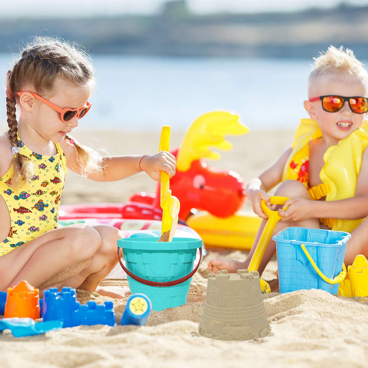 Holady Plastic Beach Castle Mold Buckets, 7.3'' Large Size Sand Bucket Water Bucket for Beach Fun Great Summer Party Accessory