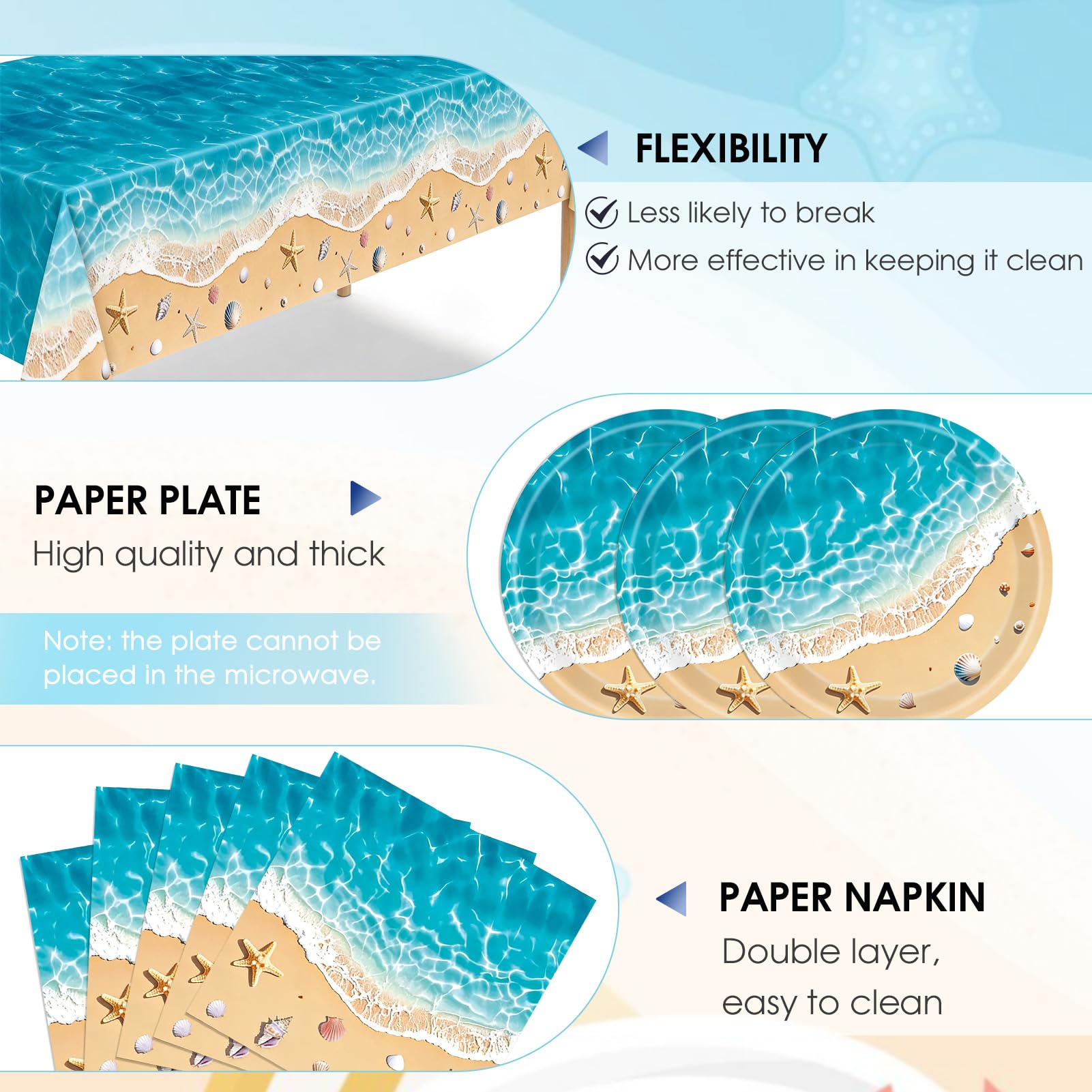 SNIMICS Beach Birthday Party Decorations,41Pcs Disposable Ocean Waves Beach Dessert Plates Napkins Tablecloth Tableware Set Summer Pool Hawaiian Beach