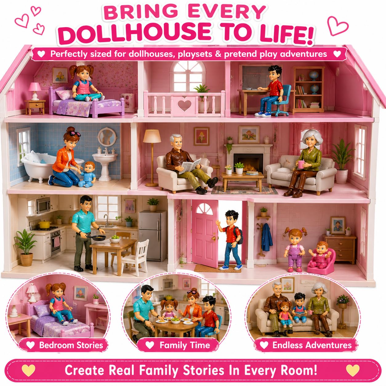 Beverly Hills Sweet Li’l Family Bendable Mini Dollhouse Figures | Set of 9 Grandpa, Grandma, Mom, Dad, Sister, Brother, Toddler, Twin Boy & Girl